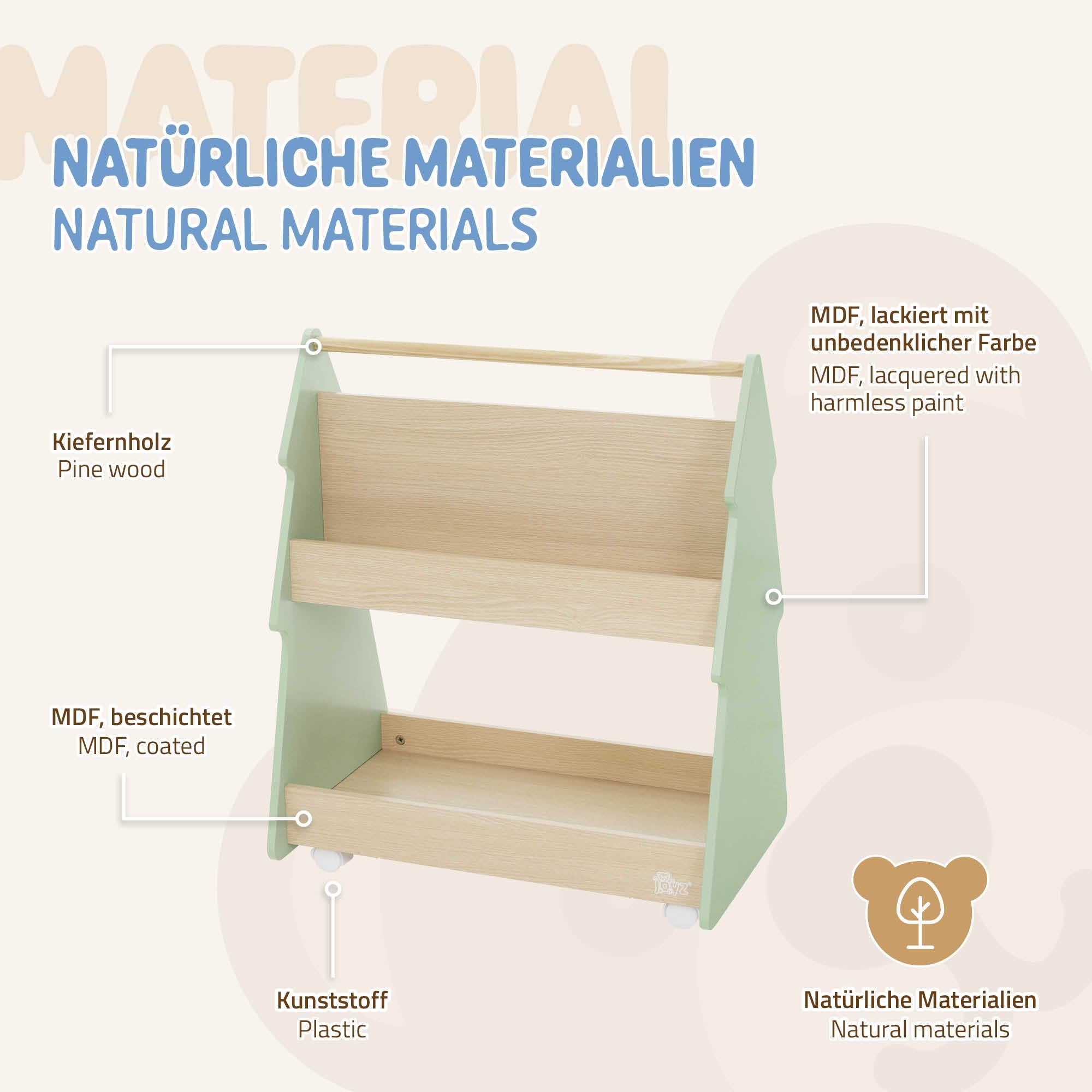 Regal aus Holz mit zwei Ablagen, in sanften Farben lackiert.