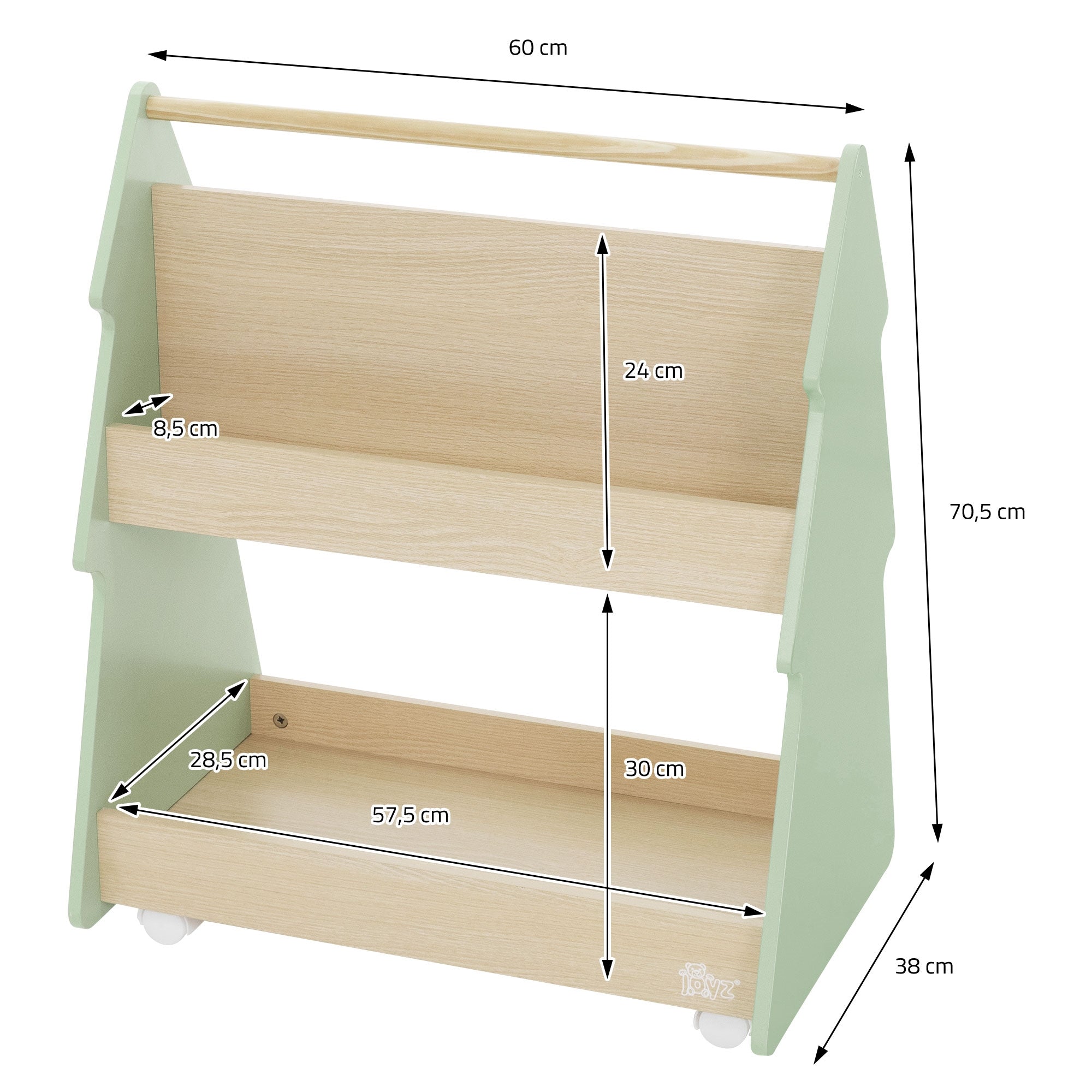 Maßzeichnung eines Regals mit zwei Ablagen, Höhe 70,5 cm, Breite 60 cm, Tiefe 38 cm.