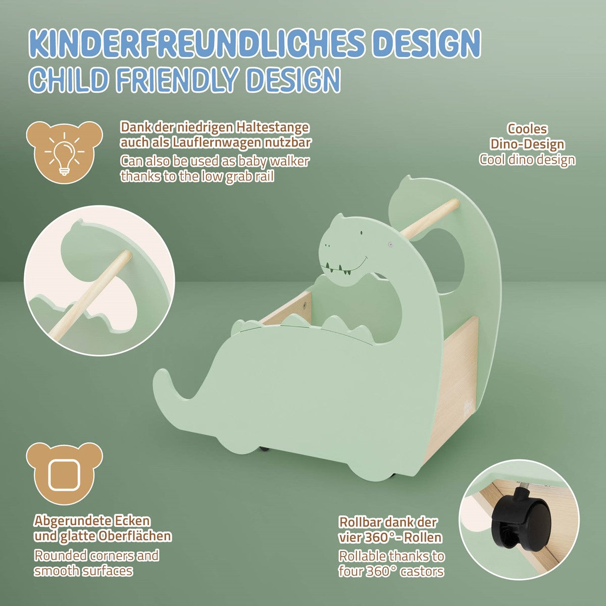 Ein Kindersessel in Dinosaurierform mit einem Design für Kinder.