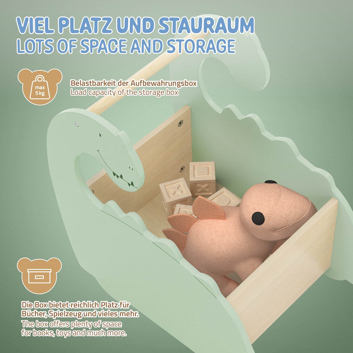 Eine Aufbewahrungsbox mit einem Spielzeug und Holzklötzen darin.