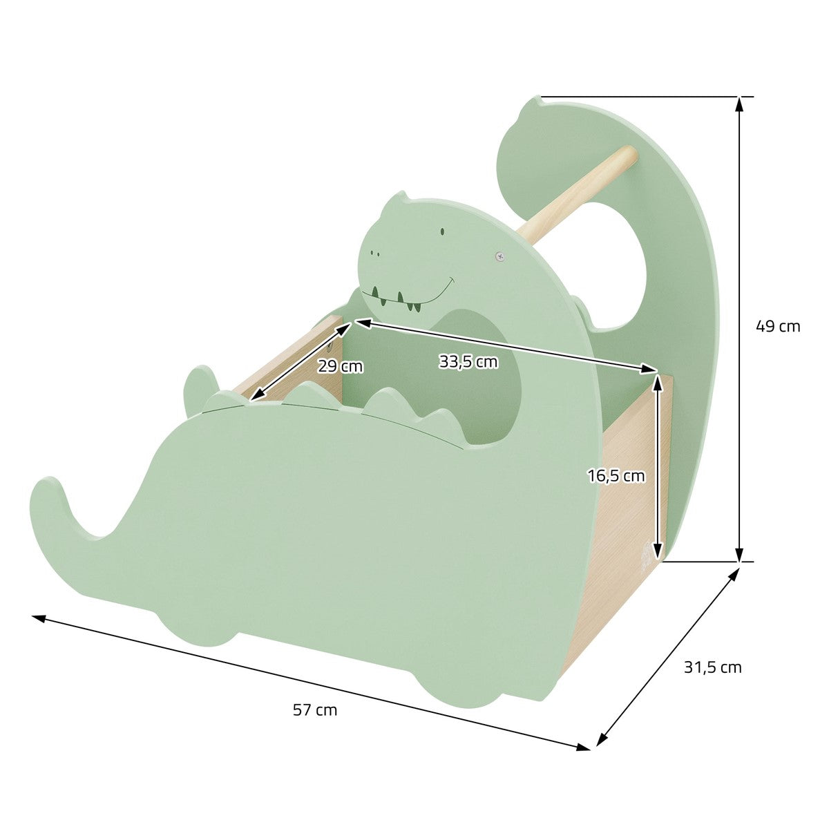 Grüner Dinosaurier-Korb mit Maßen und Griff.