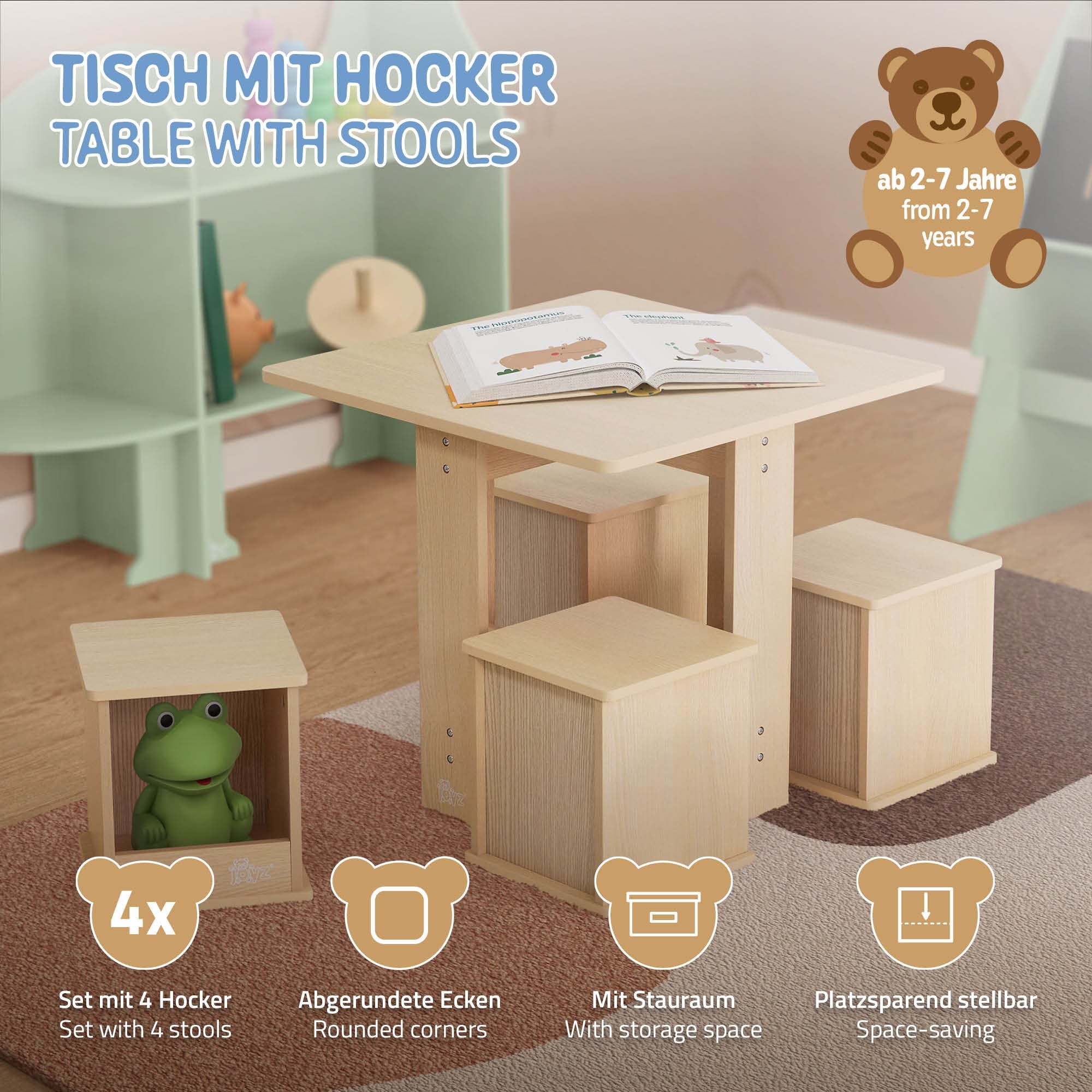 Ein Tisch mit Hockern, einem Buch und einem Spielzeug im Kinderzimmer.