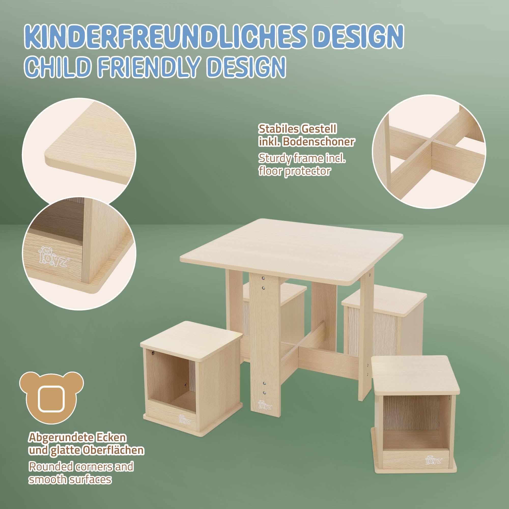 Ein kindgerechter Tisch mit vier Stühlen aus hellem Holz.