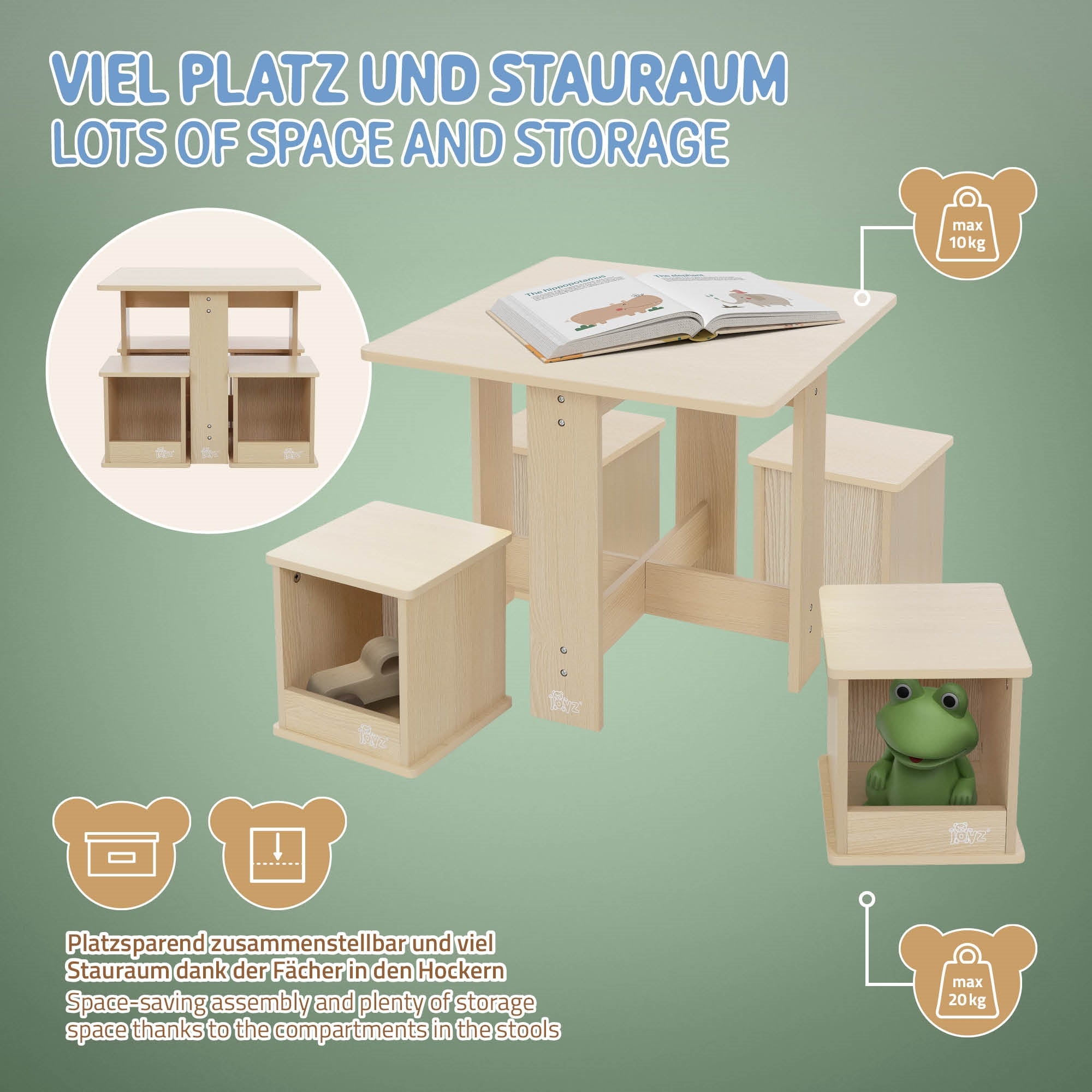 Holztisch mit Stauraum und zwei Hockern, Buch auf dem Tisch.