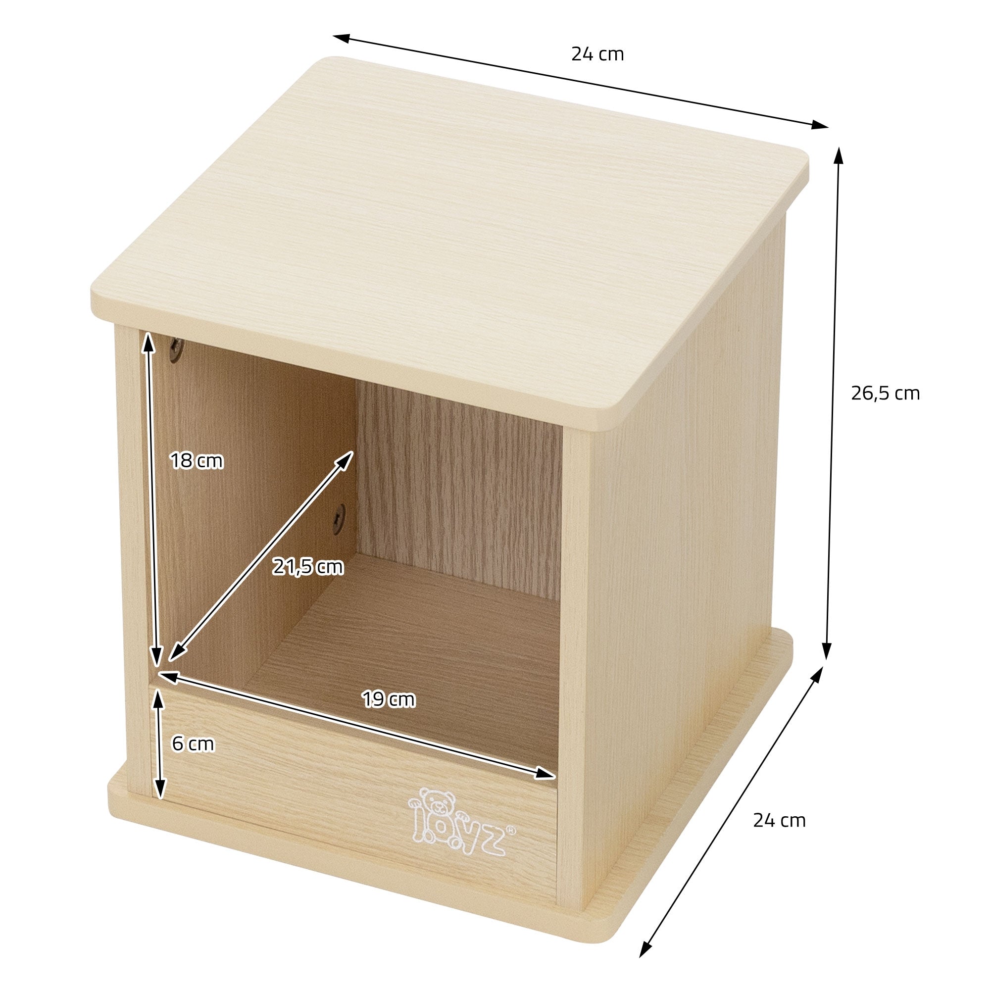 Maßzeichnung eines Holzregals mit Abmessungen in Zentimetern.