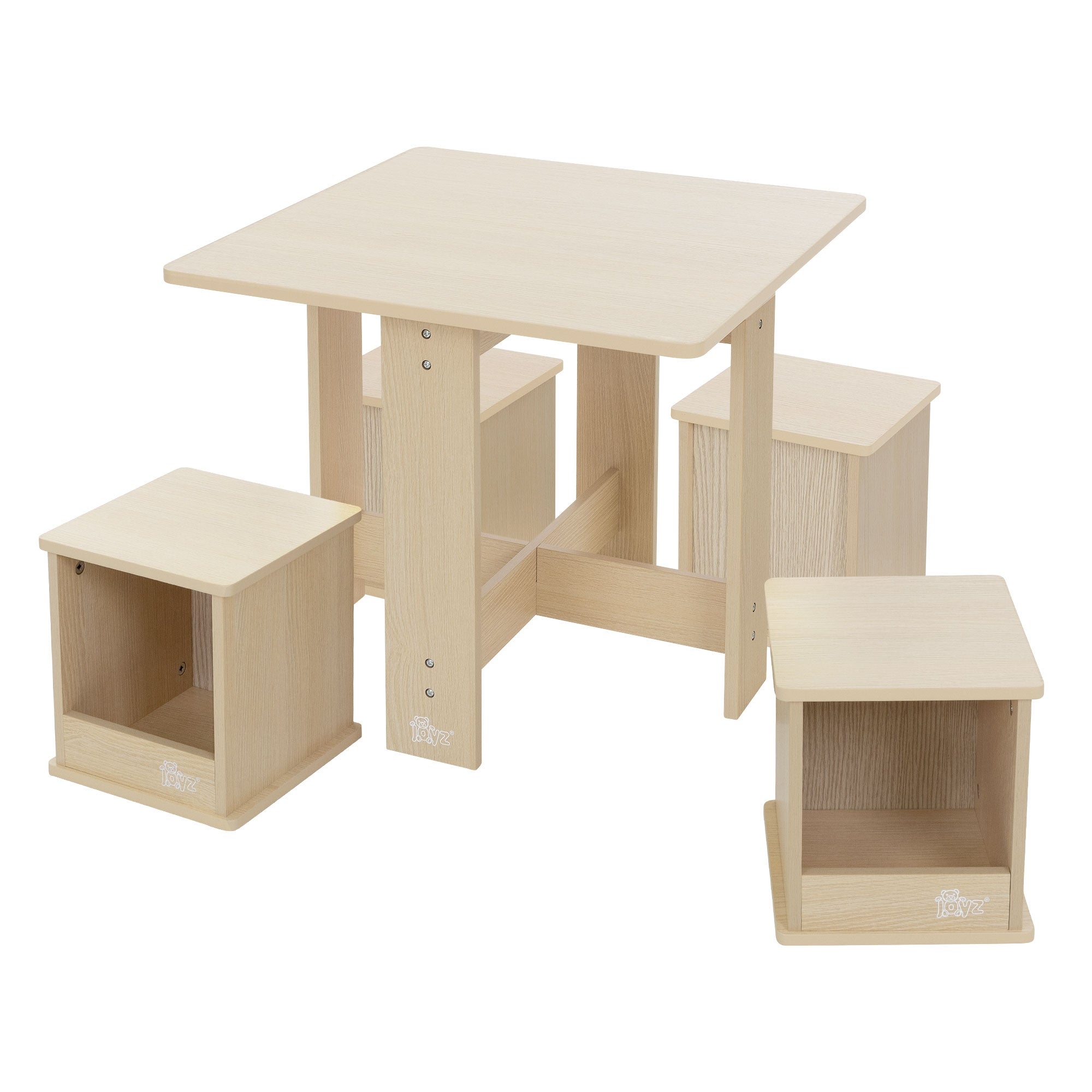 Ein quadratischer Tisch mit vier passenden Hockern aus hellem Holz.