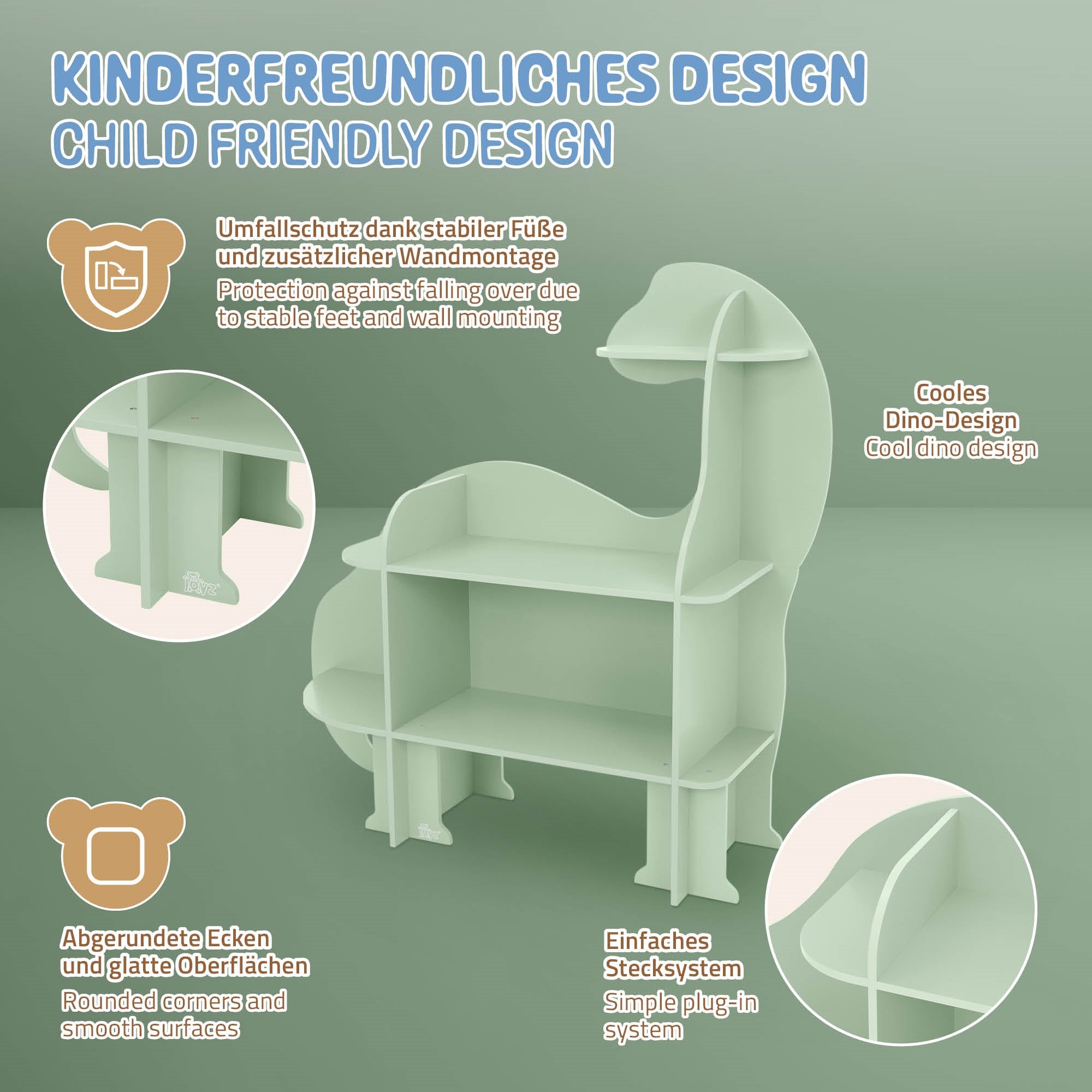 Illustration eines kinderfreundlichen Designs mit stabilen Füßen und abgerundeten Ecken.