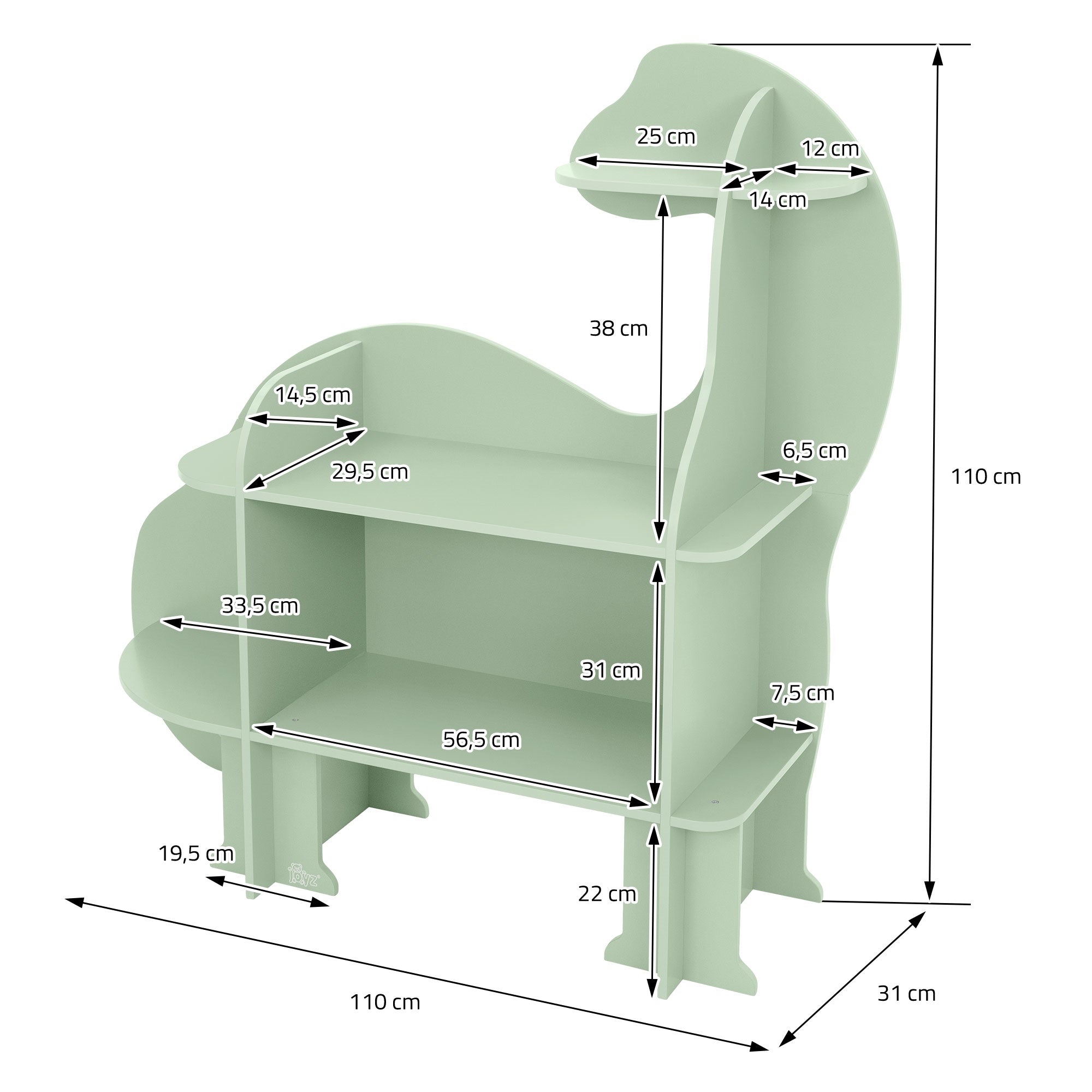 Ein Regal in Form eines Dinosauriers mit Maßen und Fächern.
