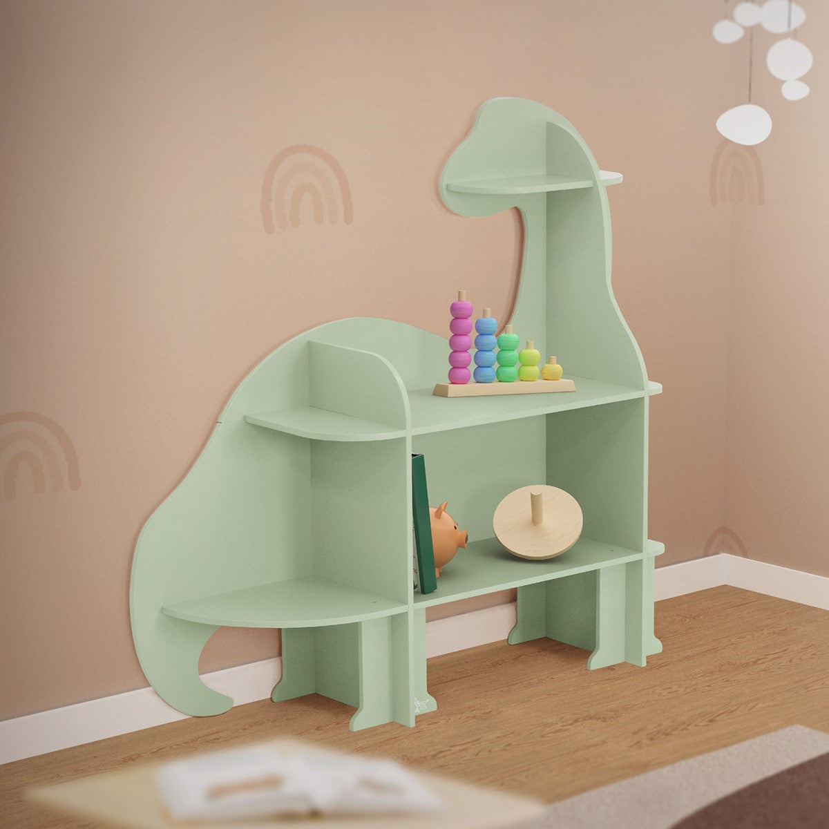 A dinosaur shelf with colorful toys and a wooden floor.