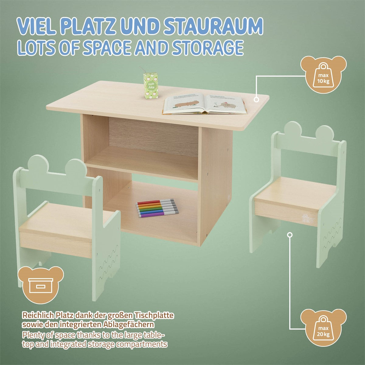 Ein Tisch mit zwei Stühlen und Stauraum für Spielzeug.