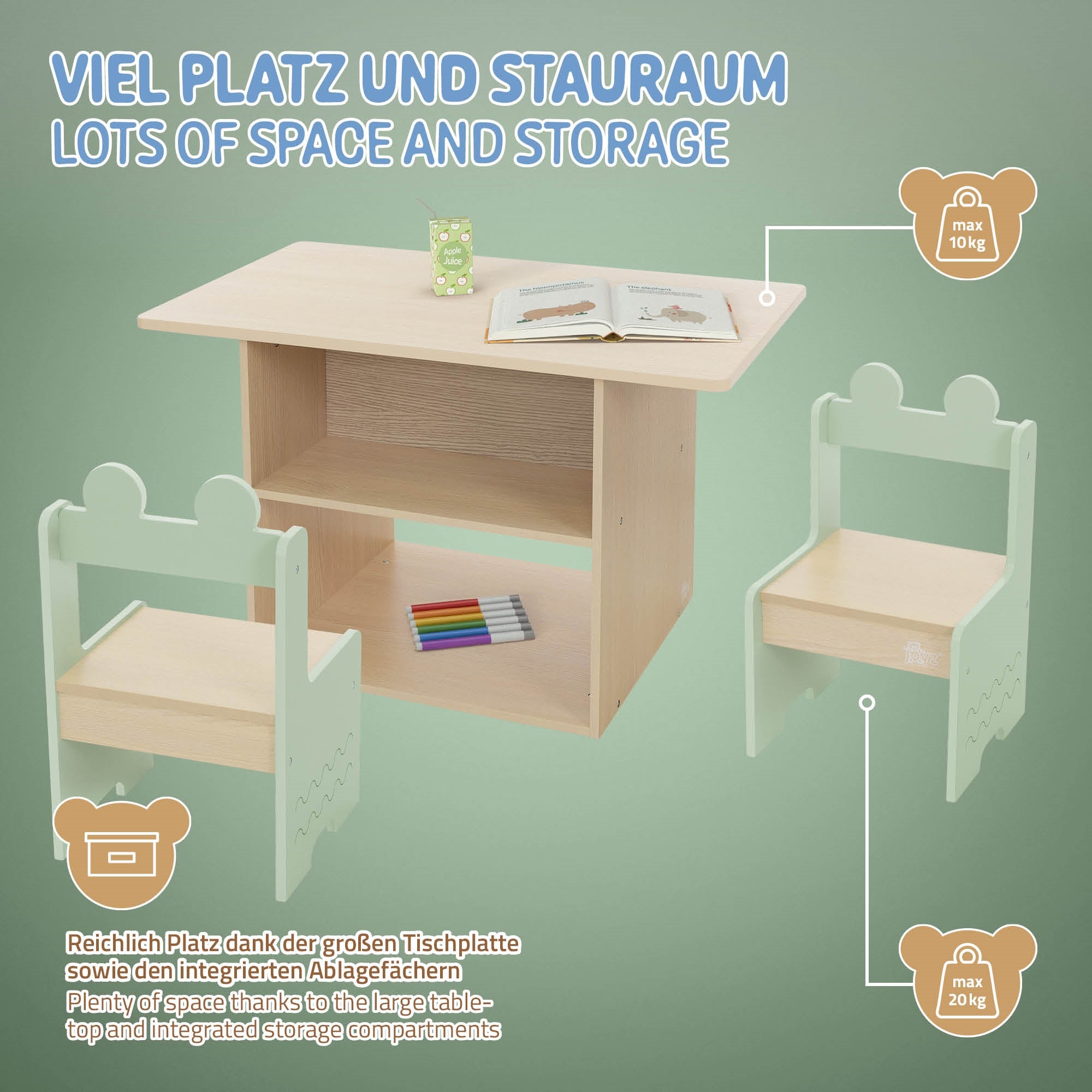 Ein Tisch mit zwei Stühlen und Stauraum für Spielzeug.