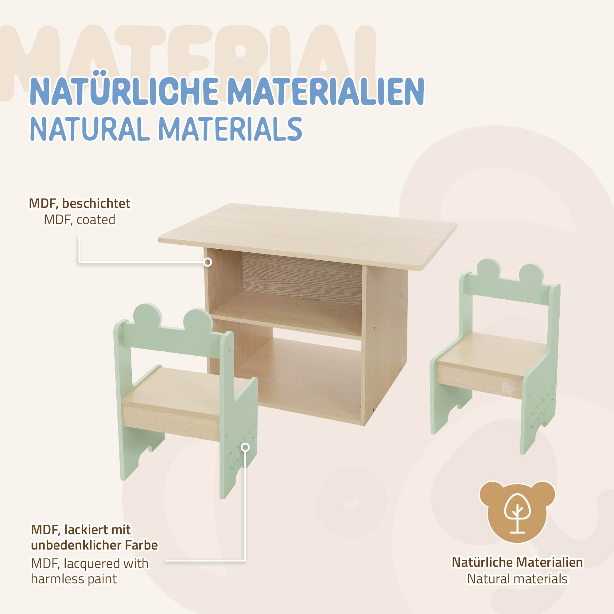 Tisch mit zwei Stühlen aus lackiertem MDF in verschiedenen Farben.