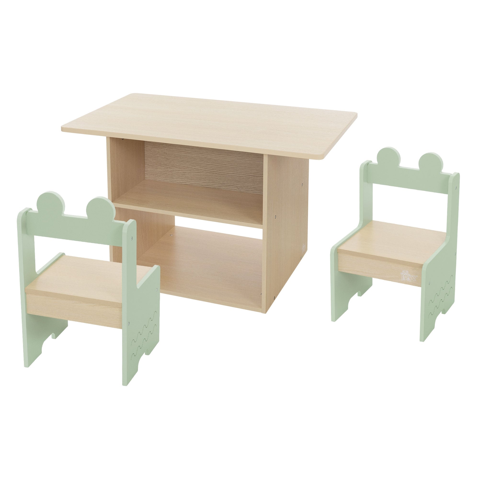 Holztisch mit zwei passenden Stühlen in mintgrün, mit Regal darunter.