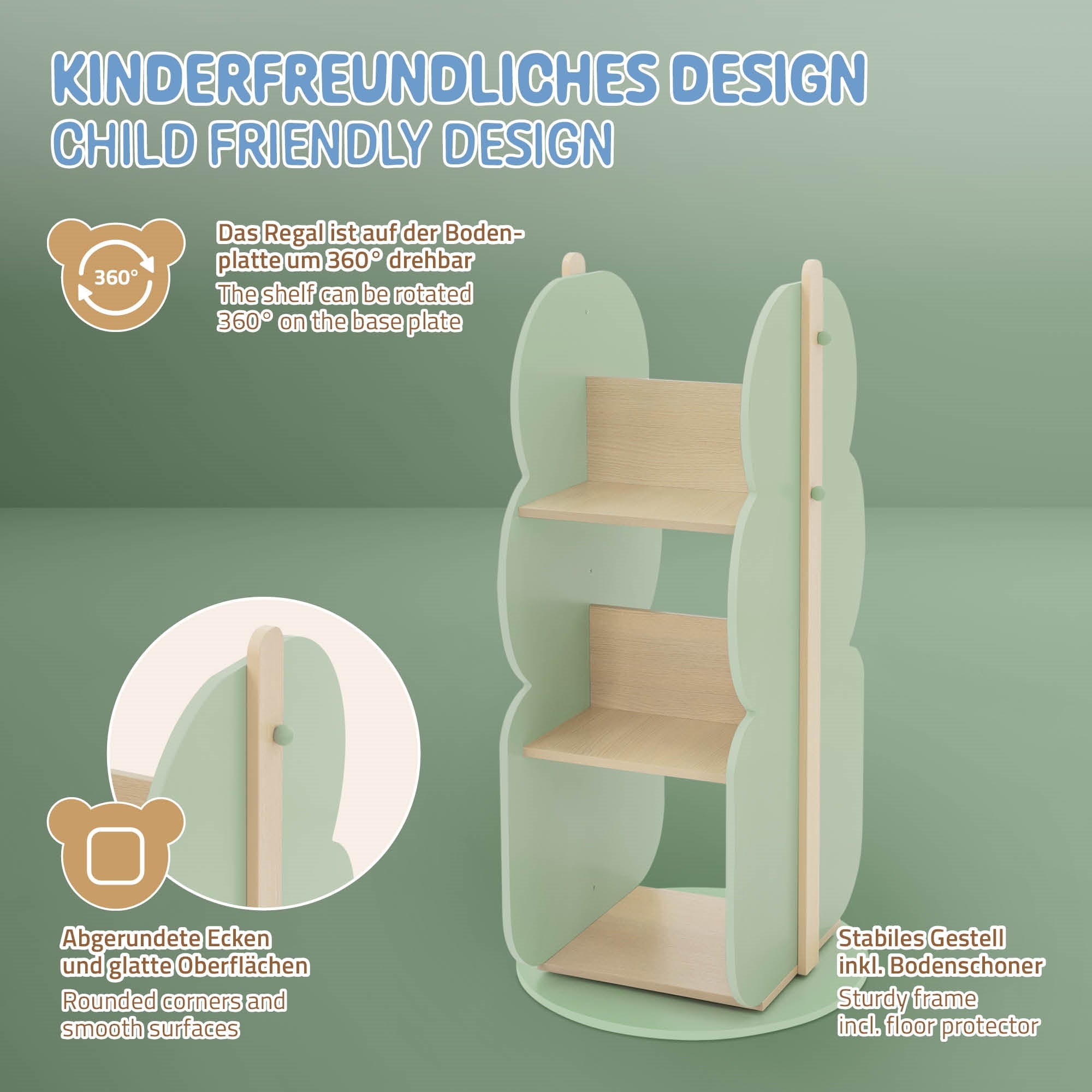 Kindgerechtes Regal mit abgerundeten Ecken und stabiler Konstruktion.