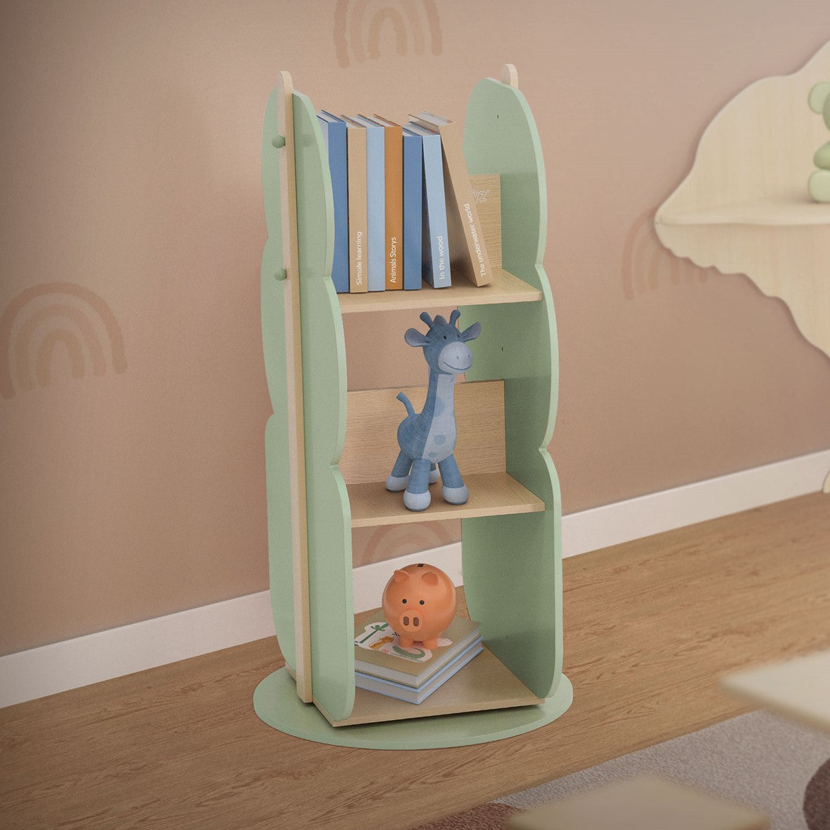 Green shelving unit with three shelves and a toy on one of the shelves.