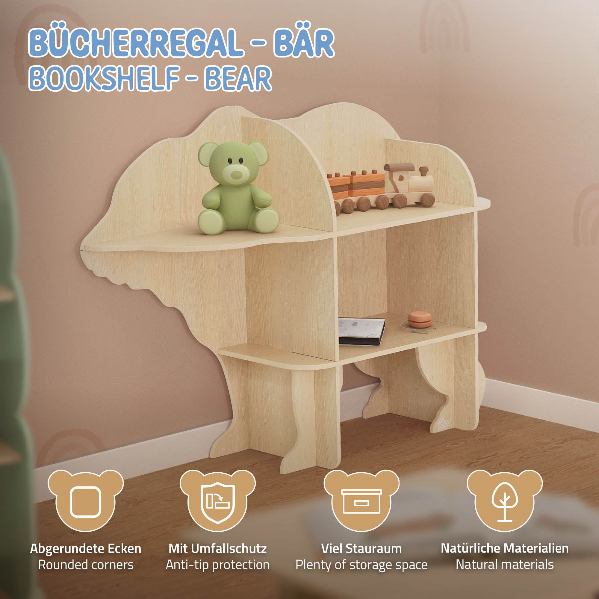 Bücherregal in Bärenform mit Spielzeug und abgerundeten Ecken.