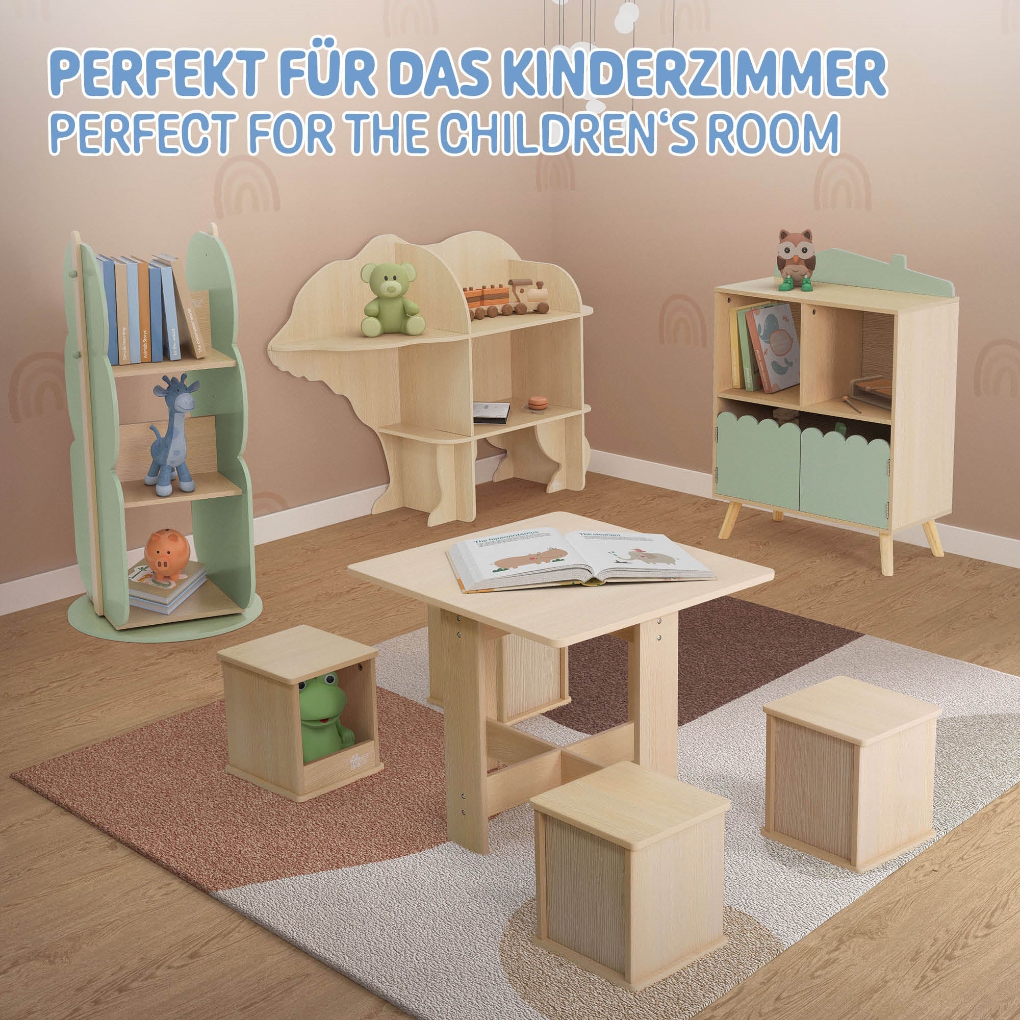 Ein Kinderzimmer mit Möbeln, einem Tisch und Stühlen auf einem Teppich.