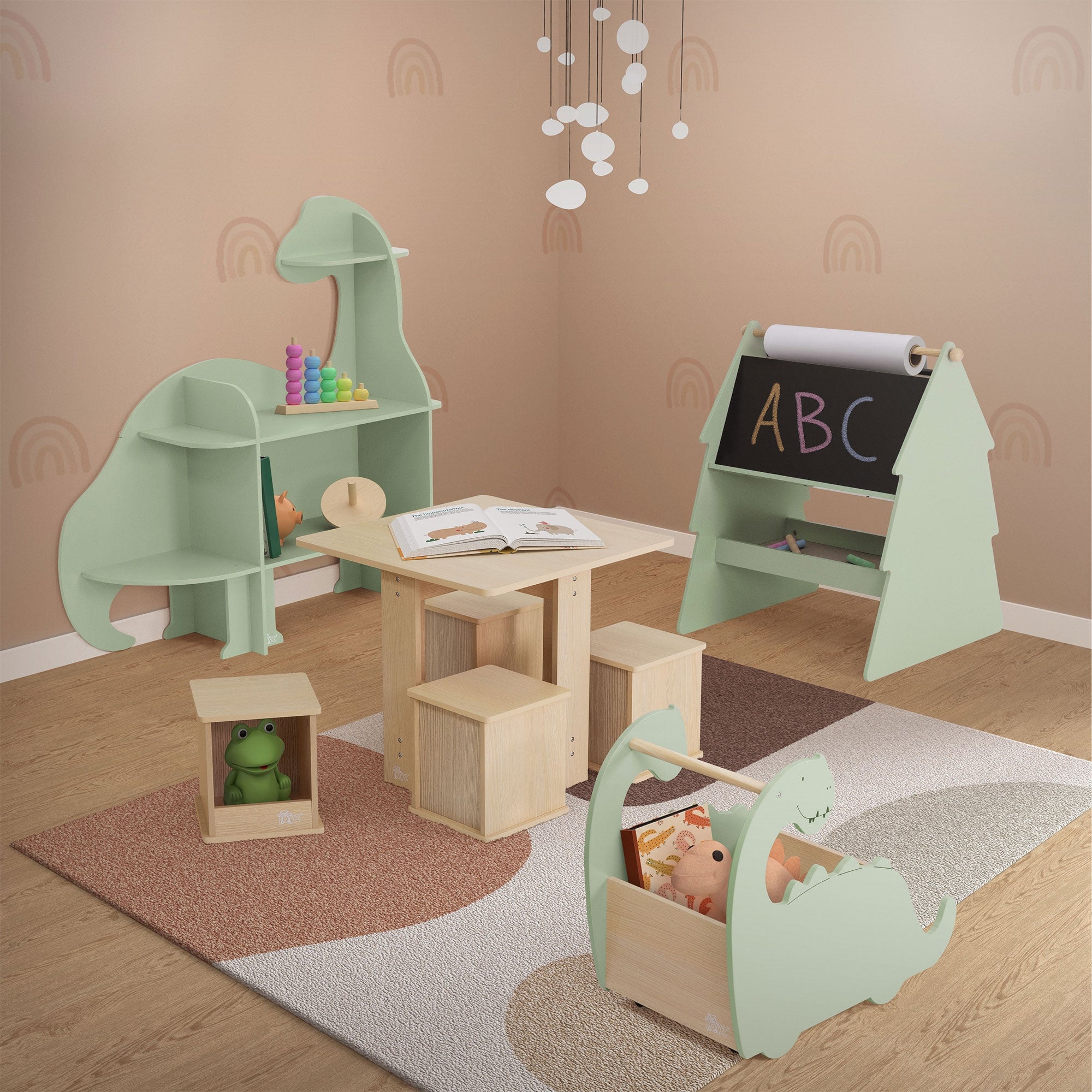 Buntes Kinderzimmer mit Spielzeug und Möbeln in Dinosaurierform.