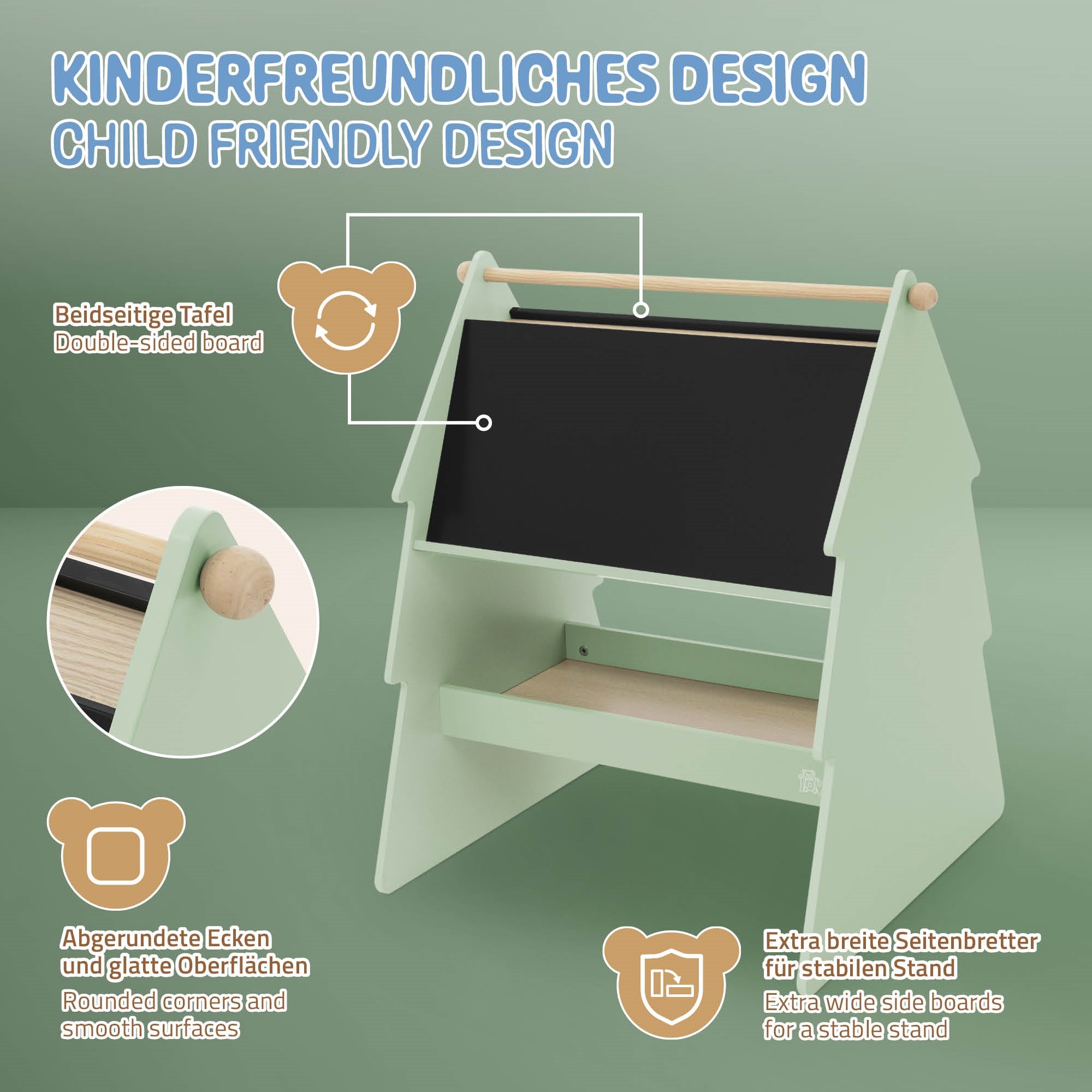 Ein doppelseitiges Kindertafel mit abgerundeten Ecken und Holzdetails.