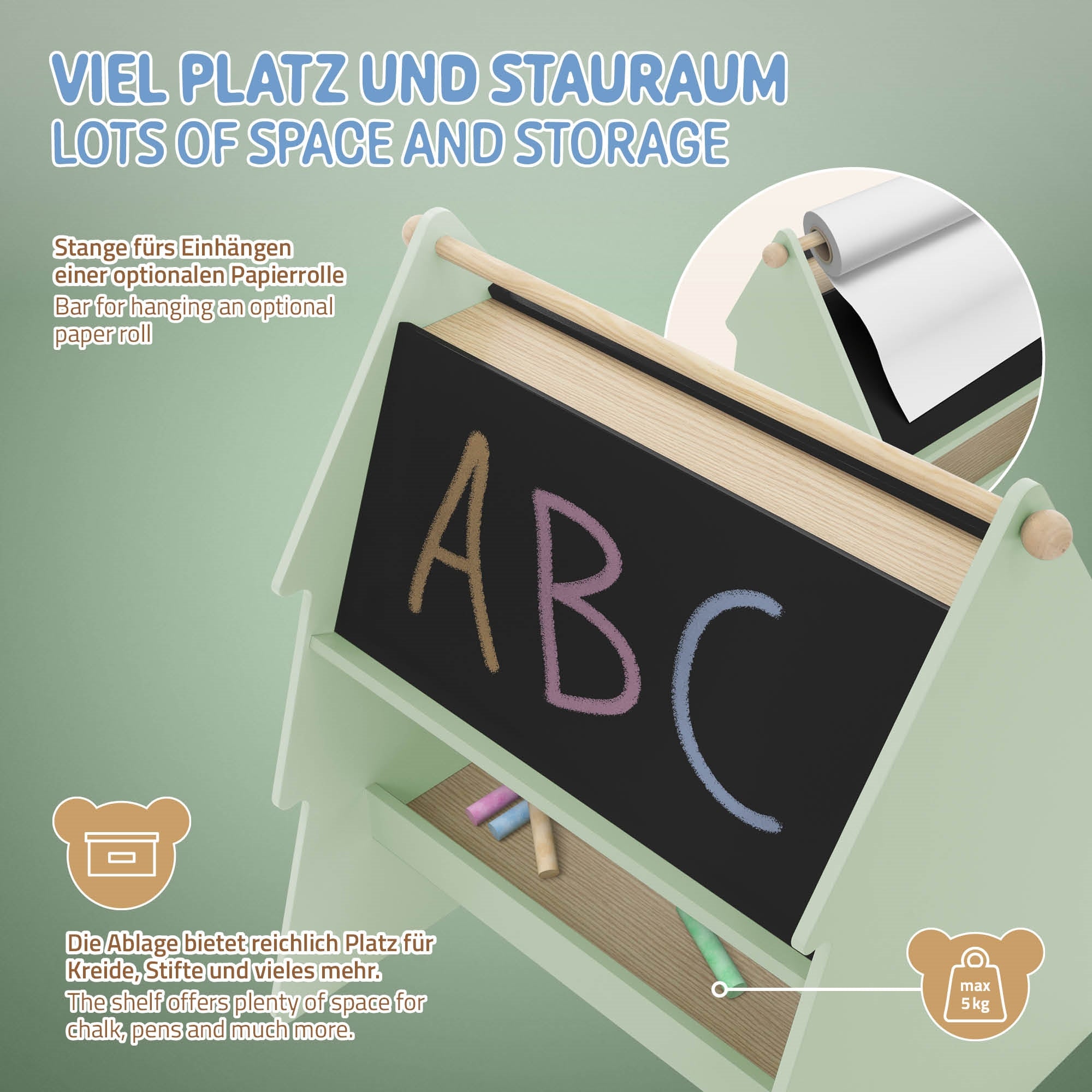 Regal mit Kreidetafel und Platz für Papier, viel Stauraum.