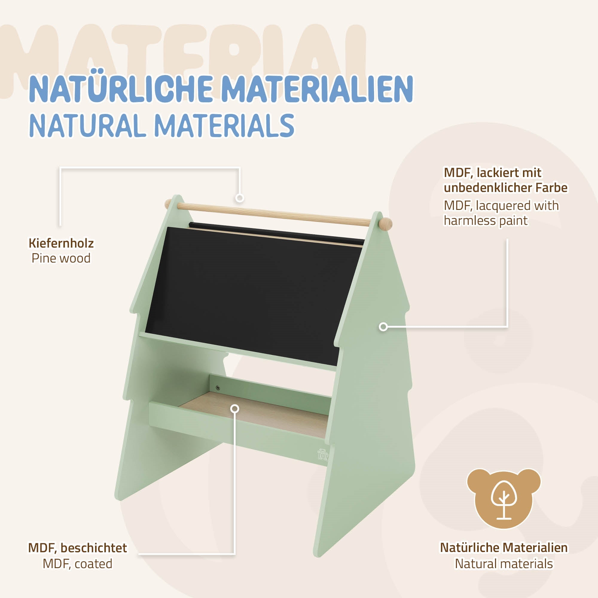 Grünes Spielzeugregal aus MDF mit Kreidetafel und natürlichem Material.