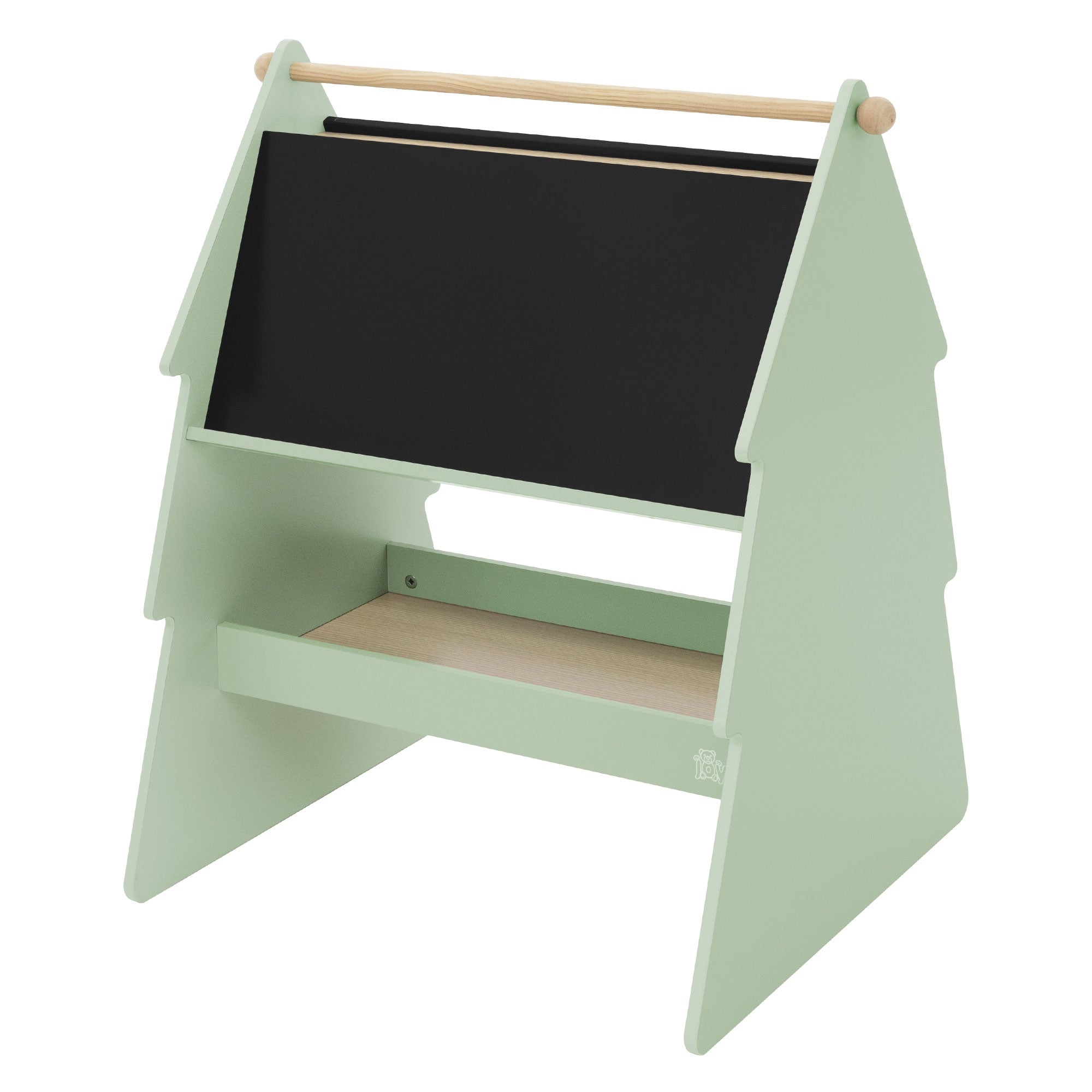 Möbelstück in Form eines Hauses mit Tafel, in sanften Farben.