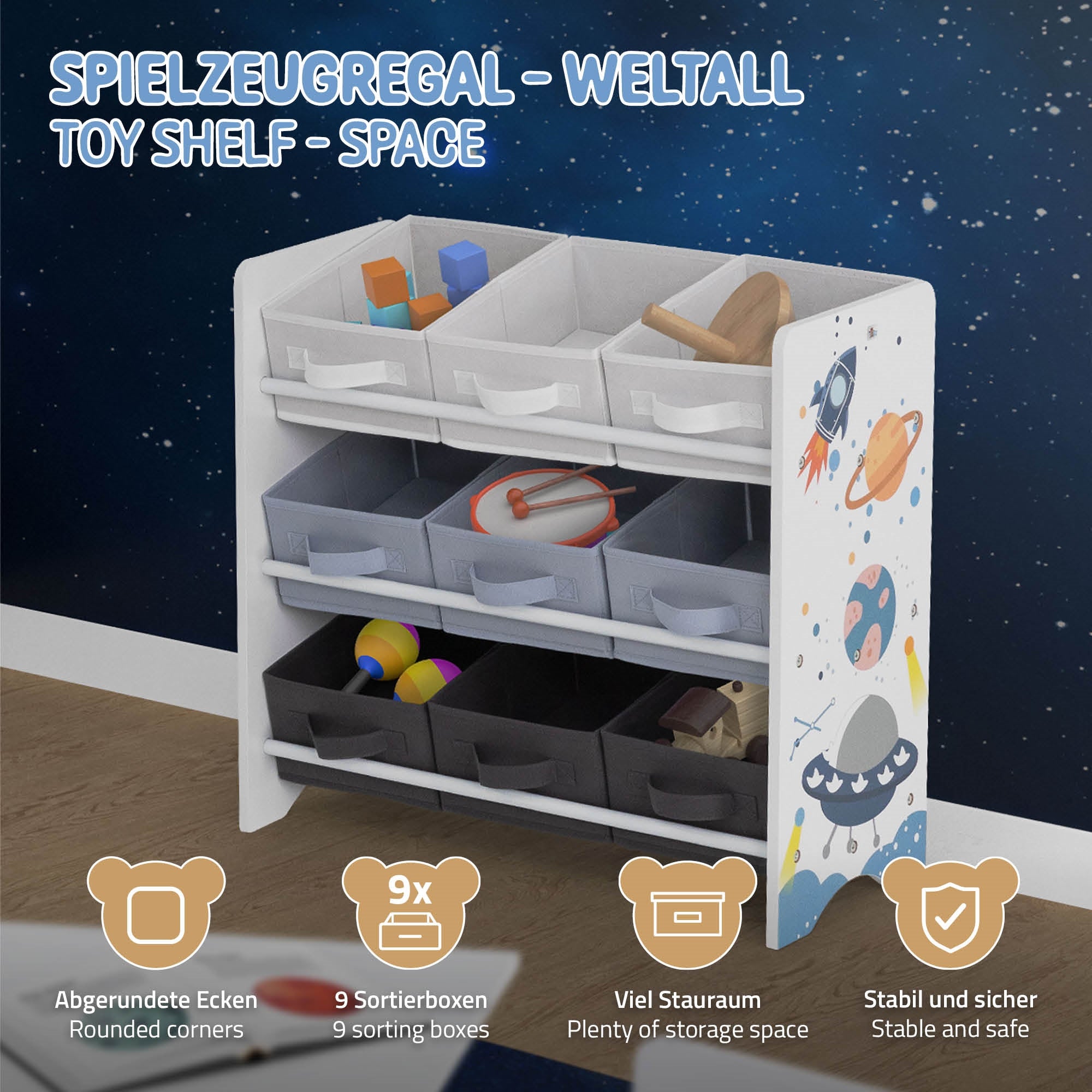 Spielzeugregal mit 9 Sortierboxen, abgerundete Ecken, Weltraumthema.