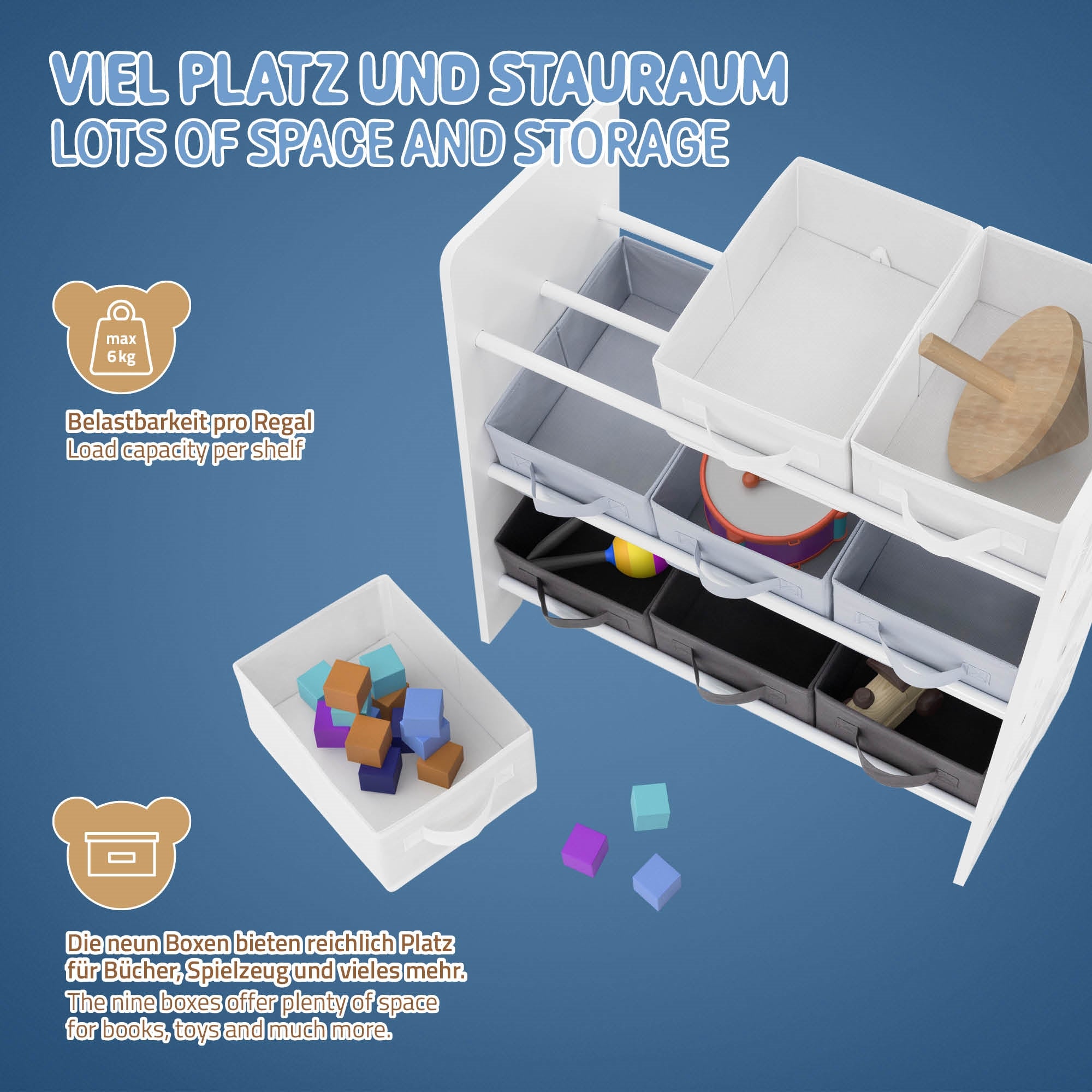 Aufbewahrungseinheit mit vielen Fächern und Spielzeug.