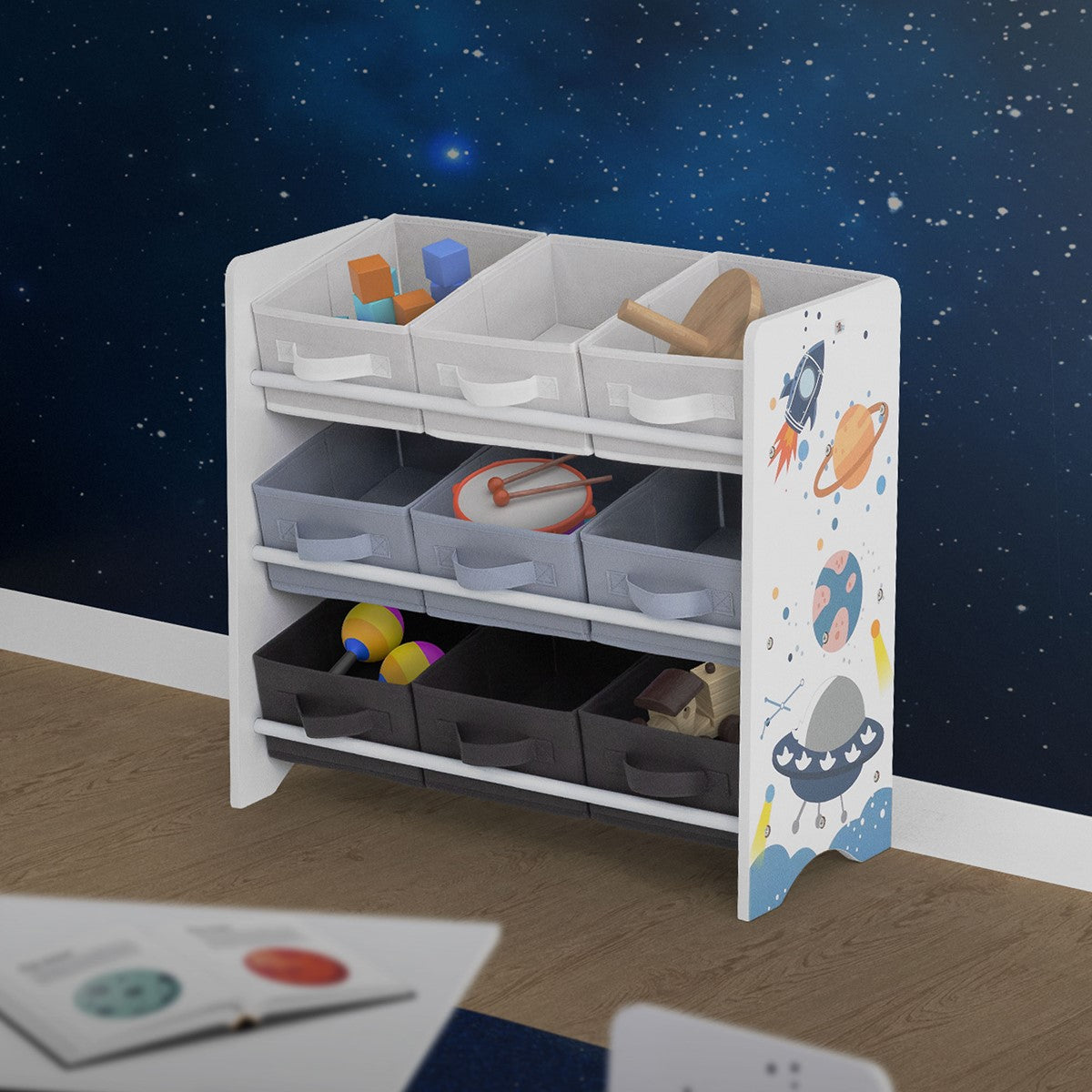 Toy shelf with various toys and space motifs.