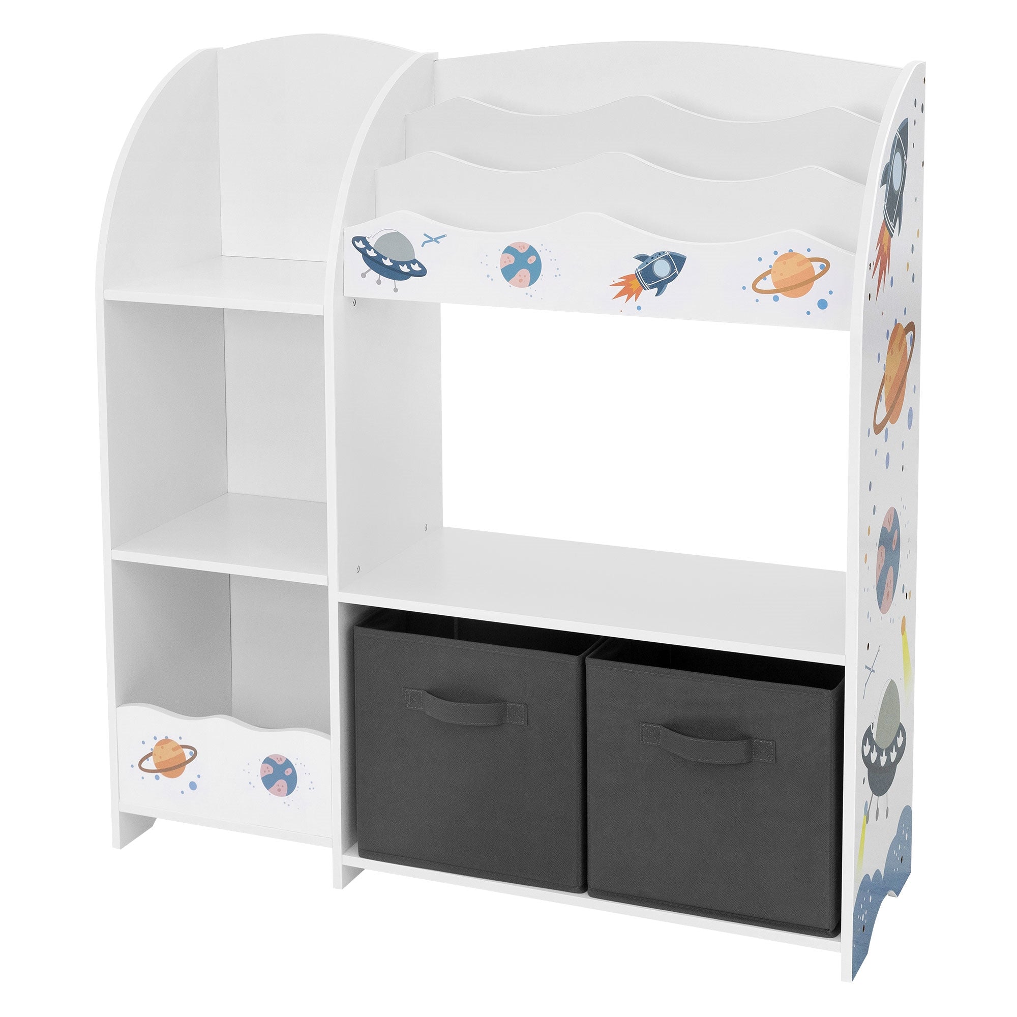 Regal mit Fächern und Kisten, dekoriert mit Weltraum-Motiven.