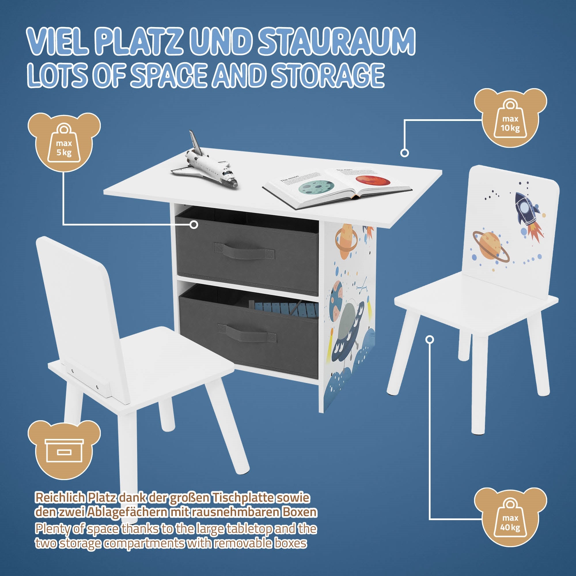 Grafik eines Tisches mit zwei Stühlen und Stauraum für Spielzeug.
