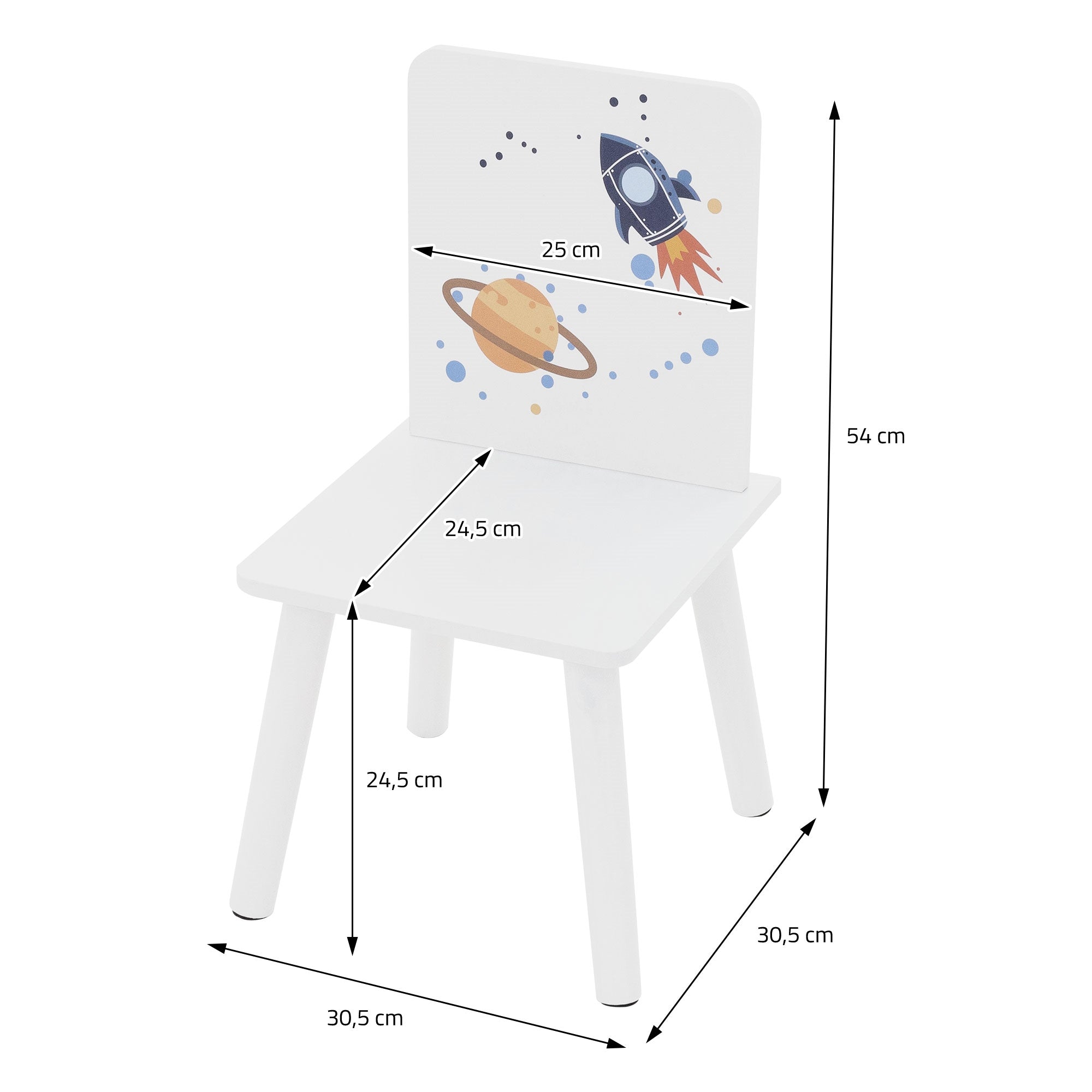 Weißer Kinderstuhl mit Rakete und Planeten auf der Rückenlehne.