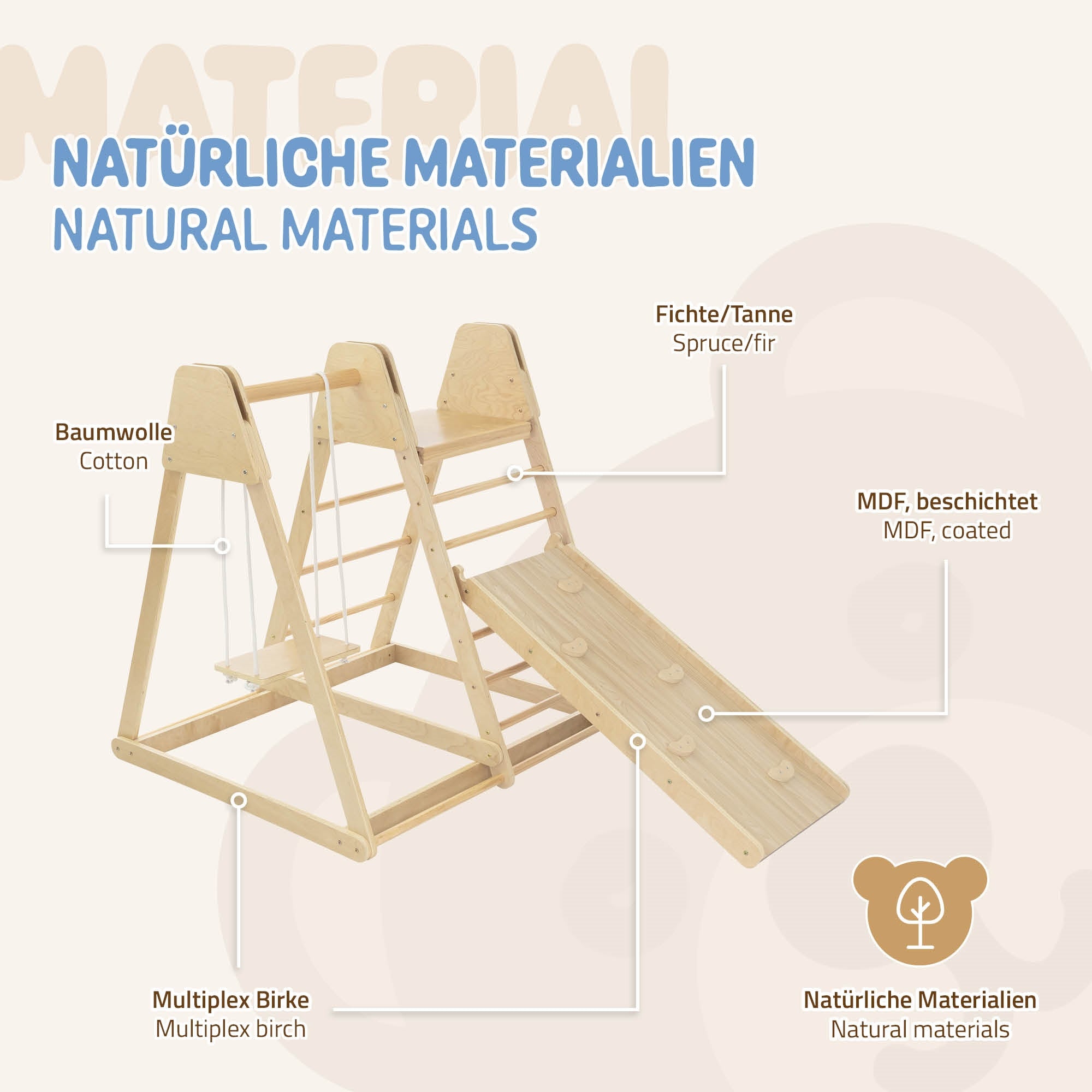 Juego de madera con tobogán y escalera, hecho de diferentes materiales.