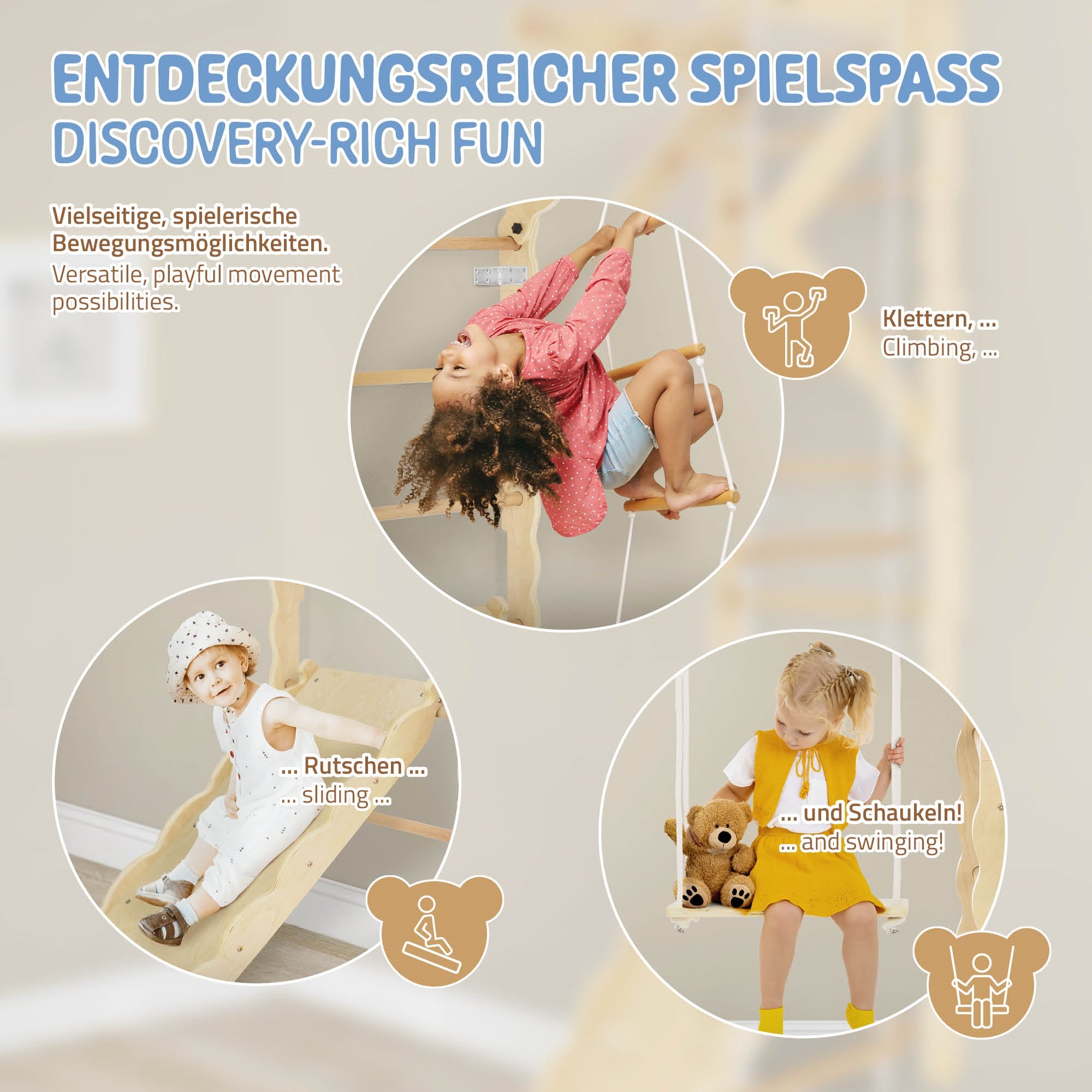 Grafik mit Kindern, die verschiedene Spielaktivitäten ausführen.