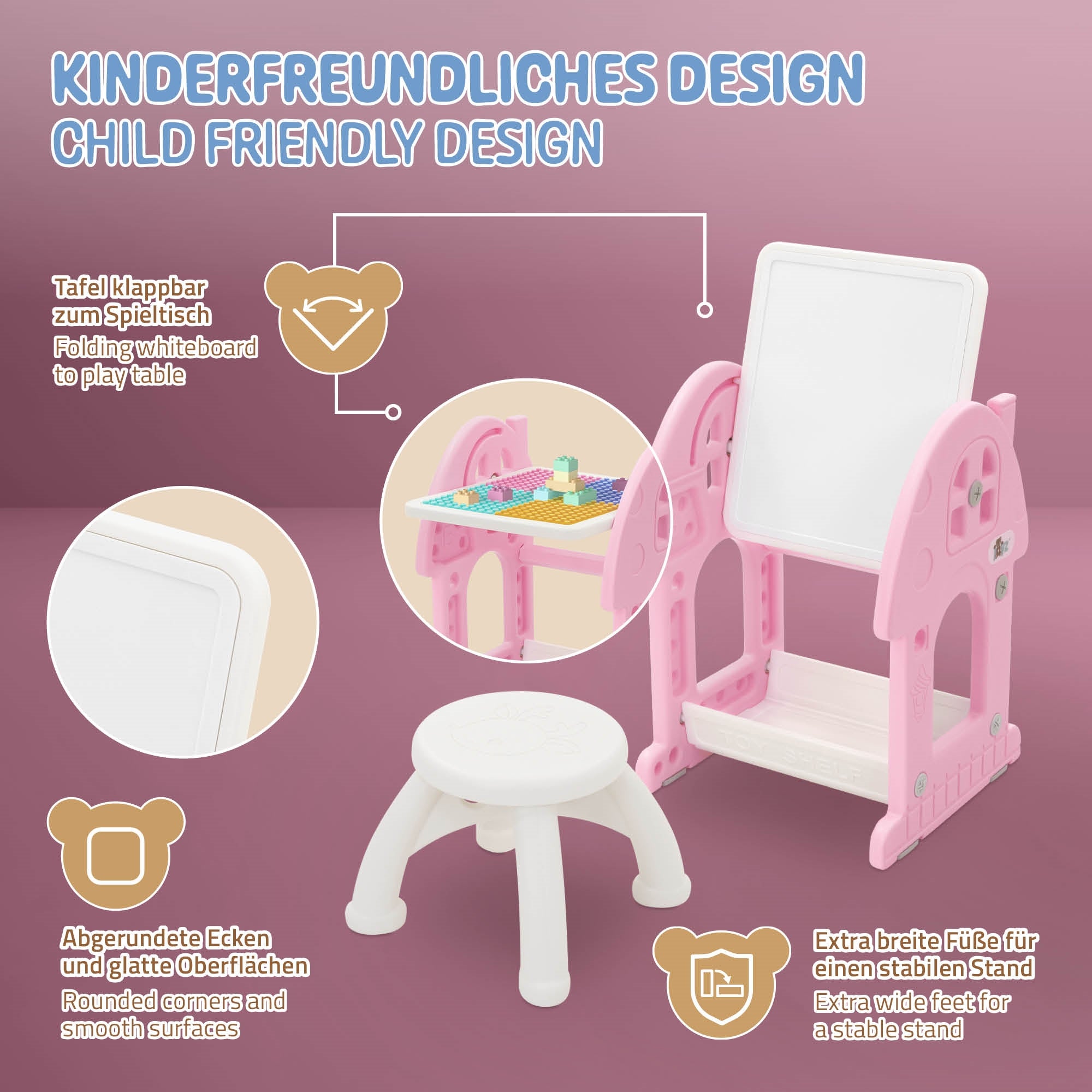 Kindermöbel mit einem Tisch und einem Stuhl in rosa und weiß.