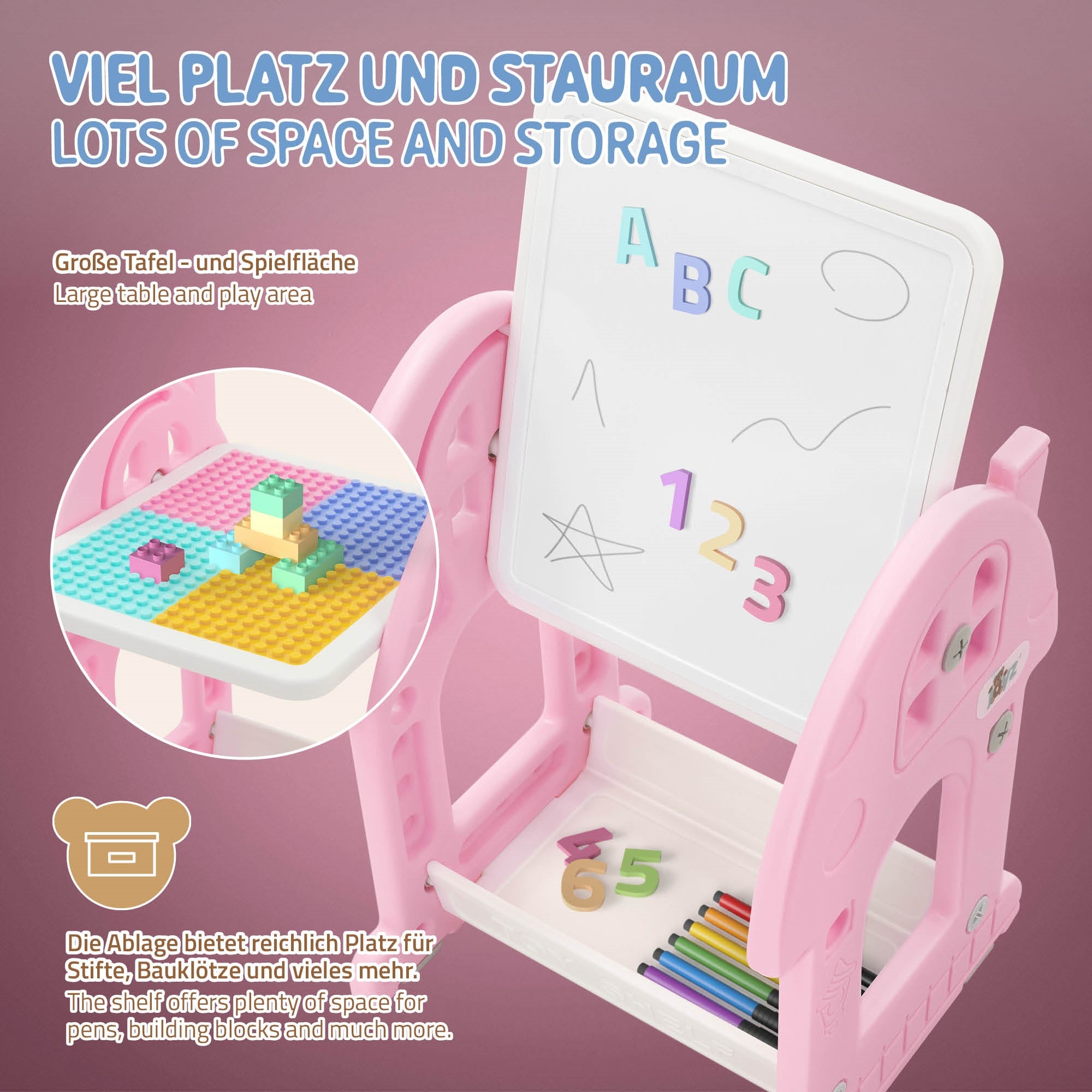 Infografik über Platz und Stauraum eines Spieltisches.