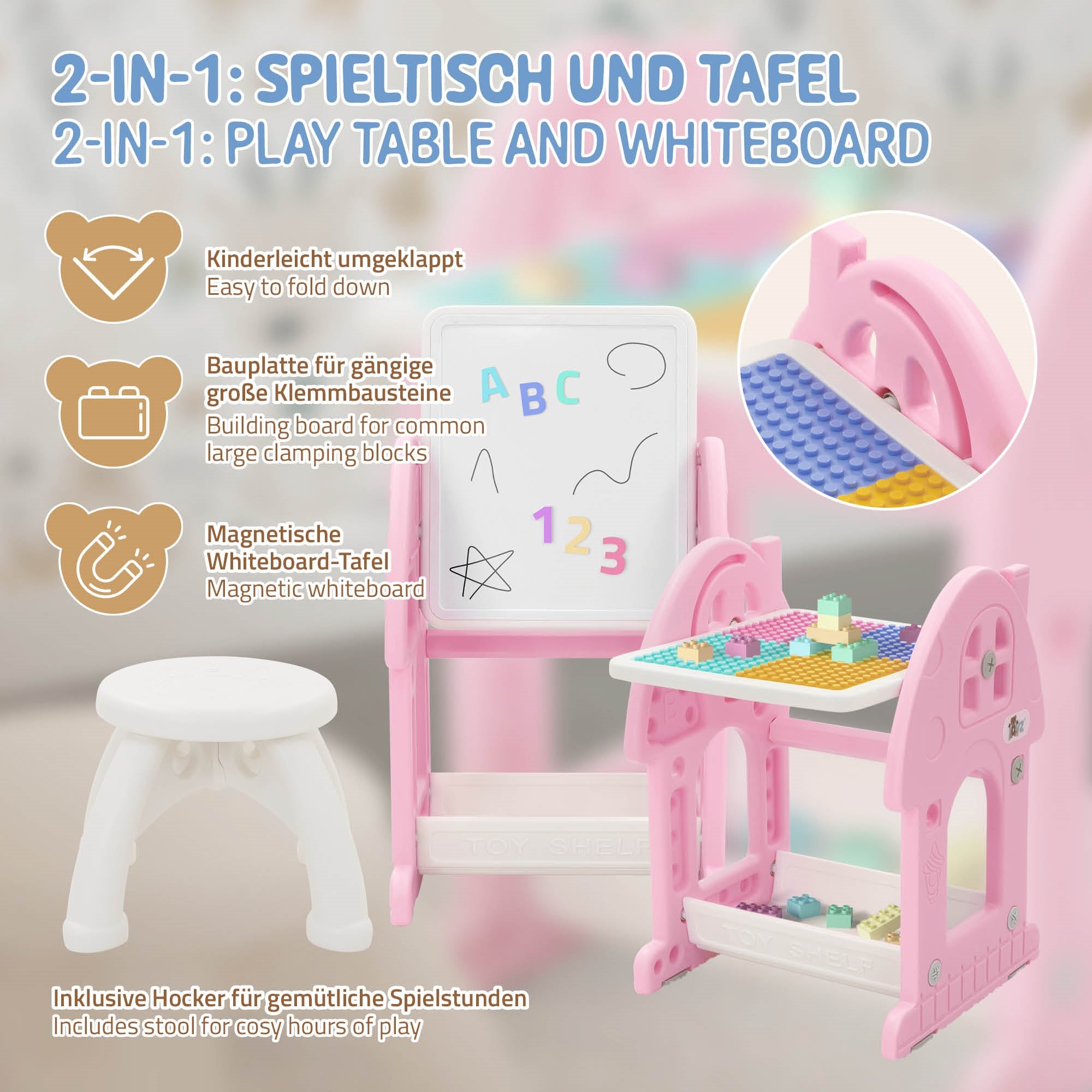 Zwei-in-eins Spieltisch und Tafel in Pink mit Bauplatte.
