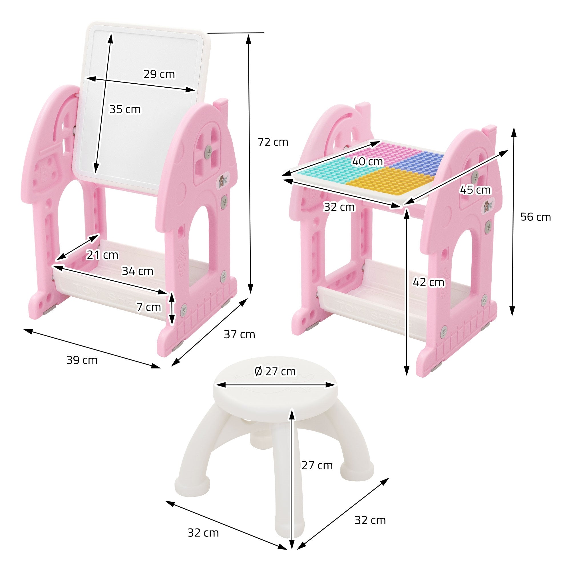 Maßzeichnung für einen pinken Tisch und Hocker mit verschiedenen Abmessungen.
