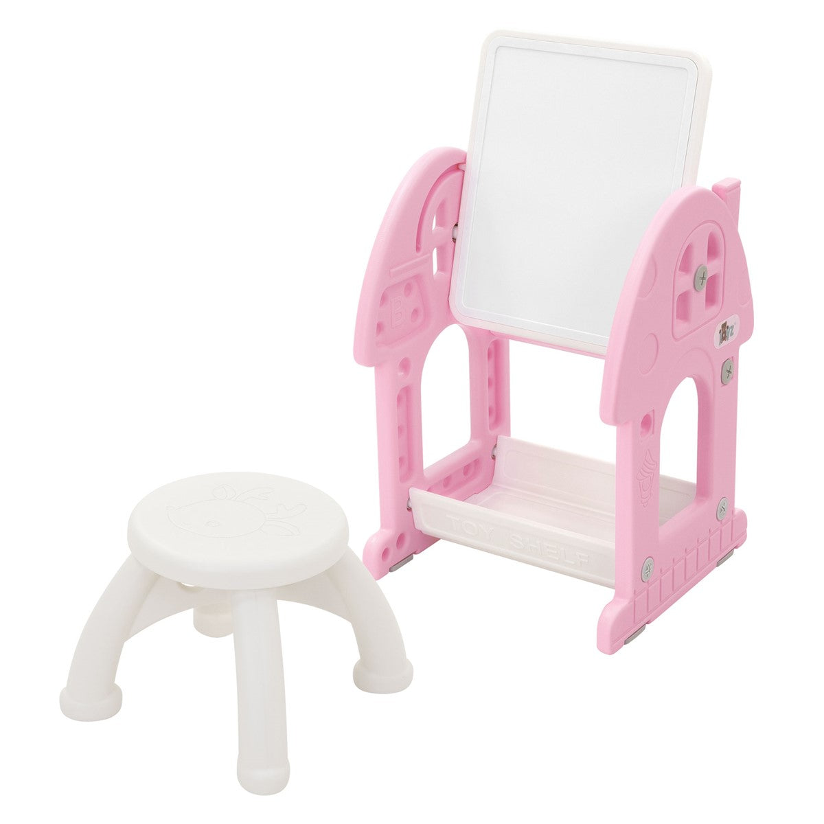 A pink play table with a white board and a white stool.