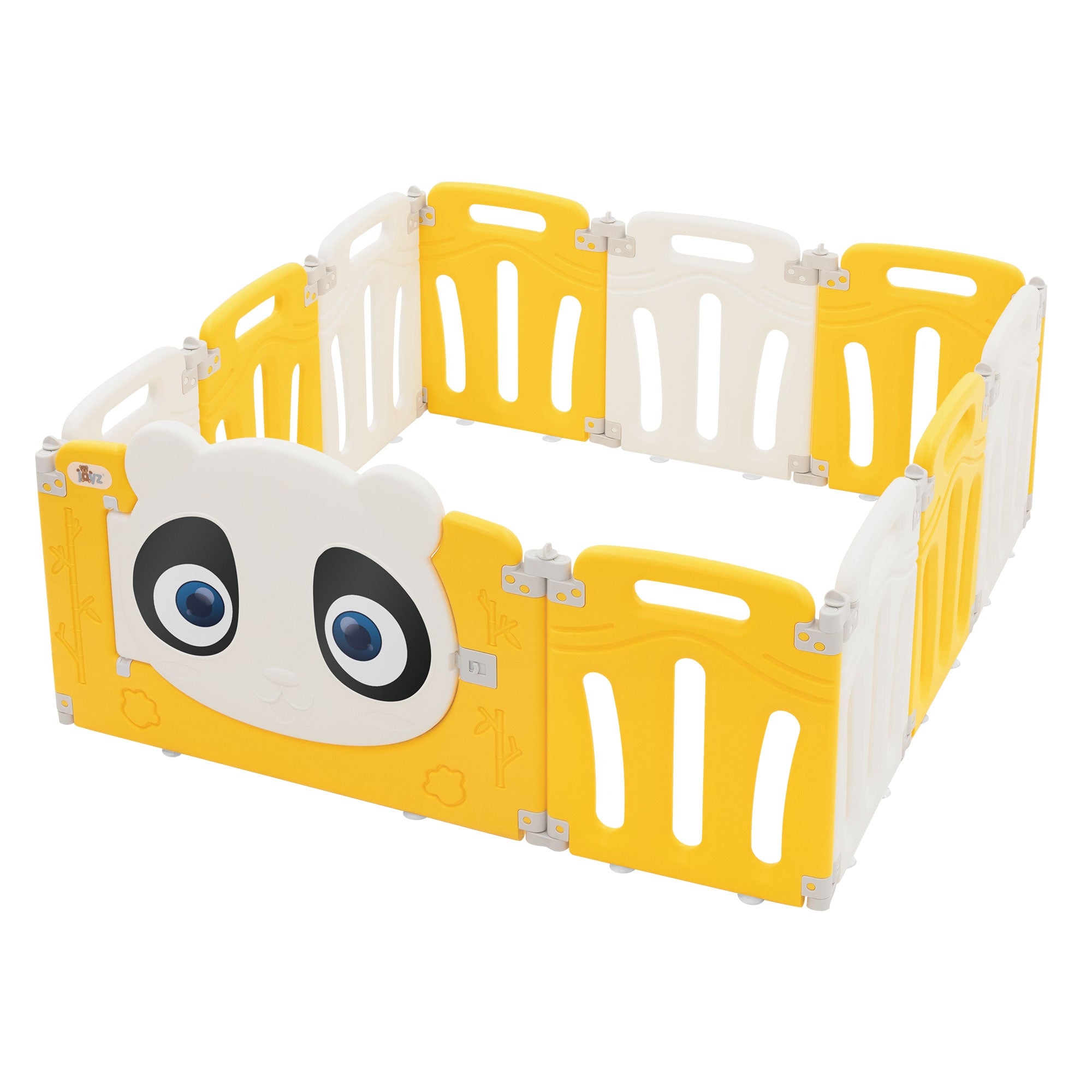 Ein gelbes Spielgerät in Form eines Pandas mit großen Augen.