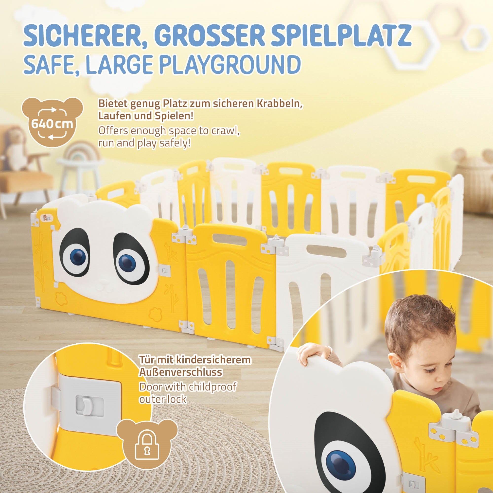 Spielplatz mit gelben und weißen Elementen, Kind spielt darin.