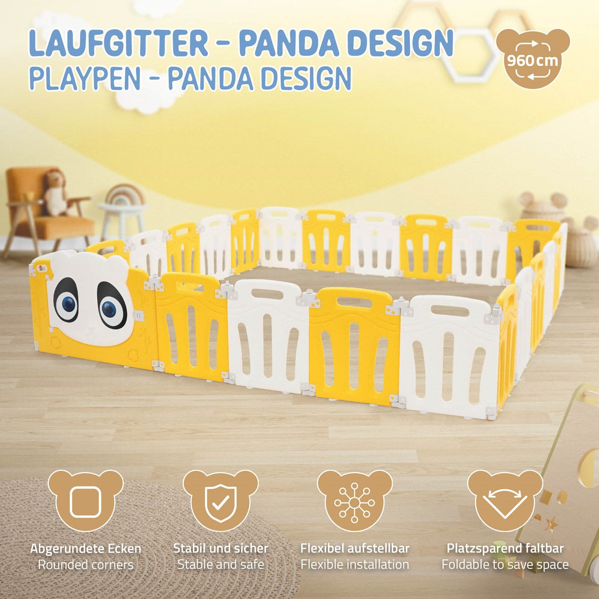 Kravlegård med panda-design og afrundede hjørner.