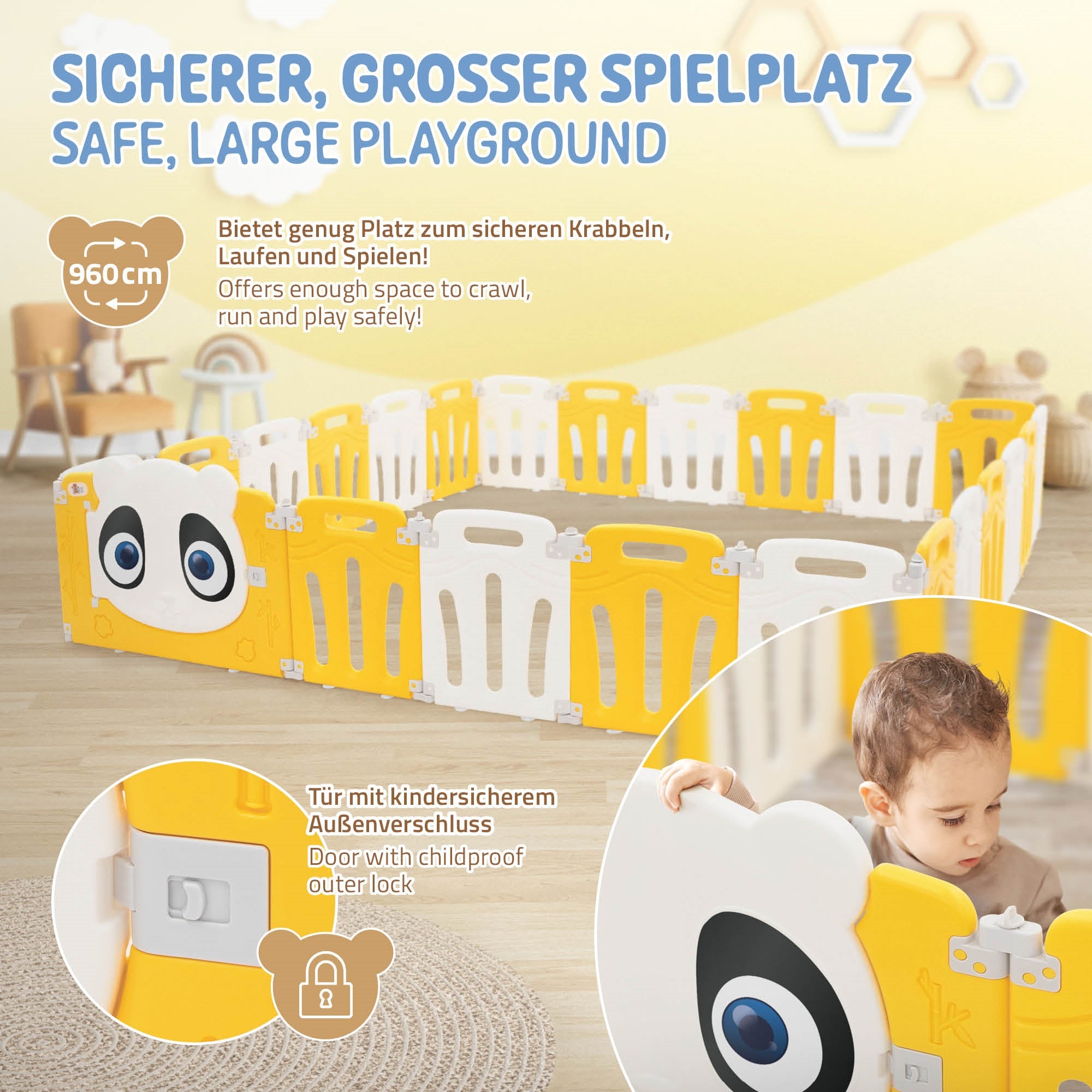 Großer Spielplatz mit gelben und weißen Elementen, sicher für Kinder.