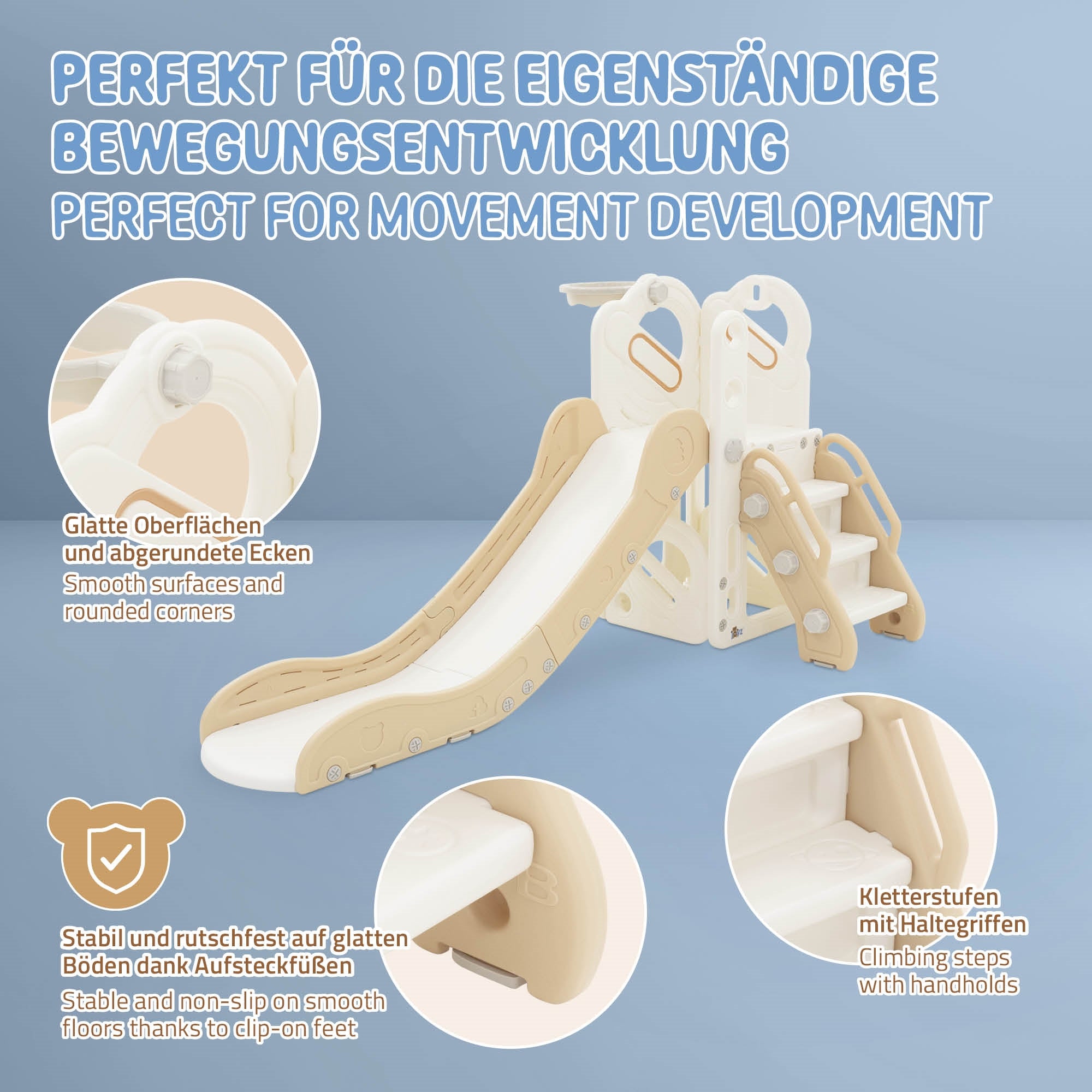 Play equipment with slide and climbing elements in neutral colors.