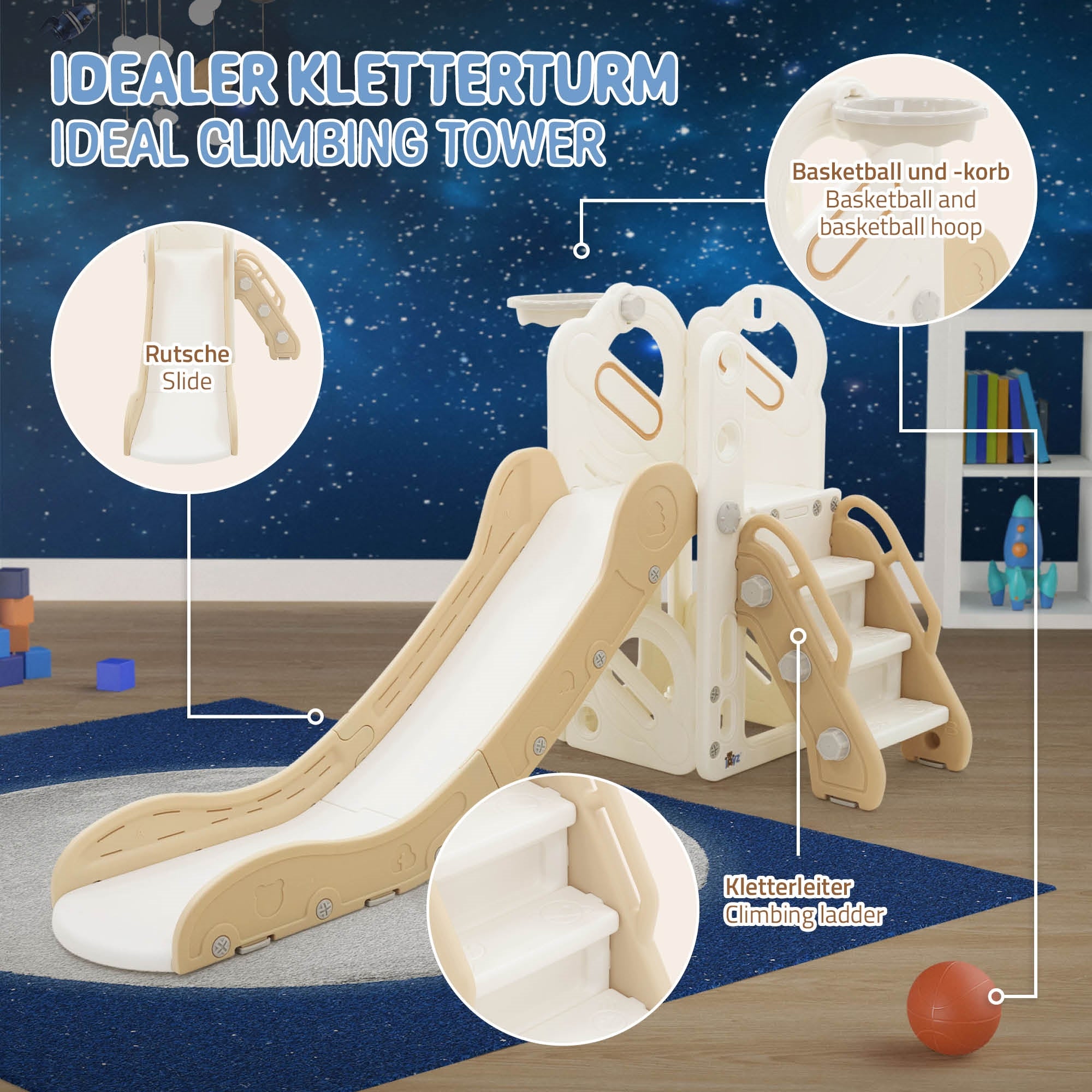 Kletterturm mit Rutsche, Basketballkorb und Treppe in einem Spielzimmer.