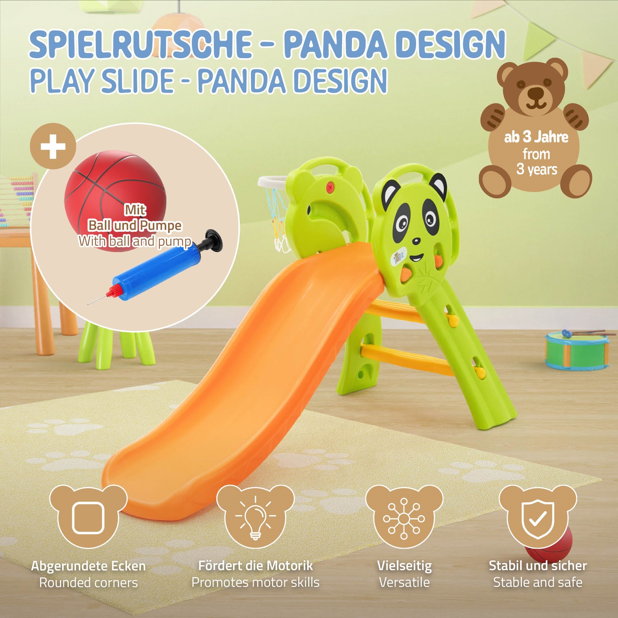 Spielrutsche im Panda-Design, ab 3 Jahren, mit Ball und Pumpe.