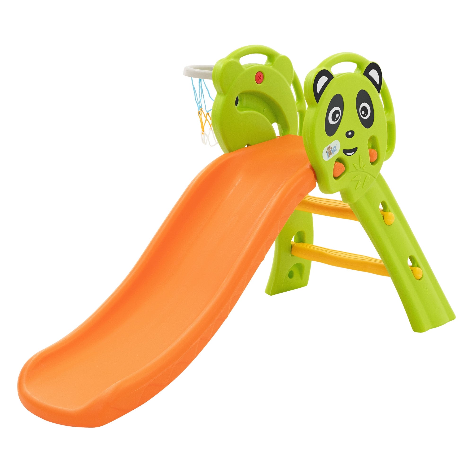 Panda-Rutsche in einem hellen Raum mit Spielzeug.