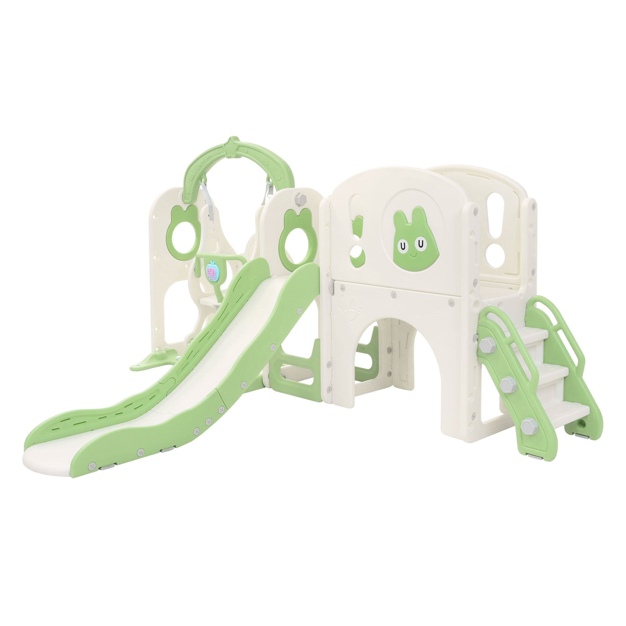 Climbing tower with slide and swing, in bright colors, without background.