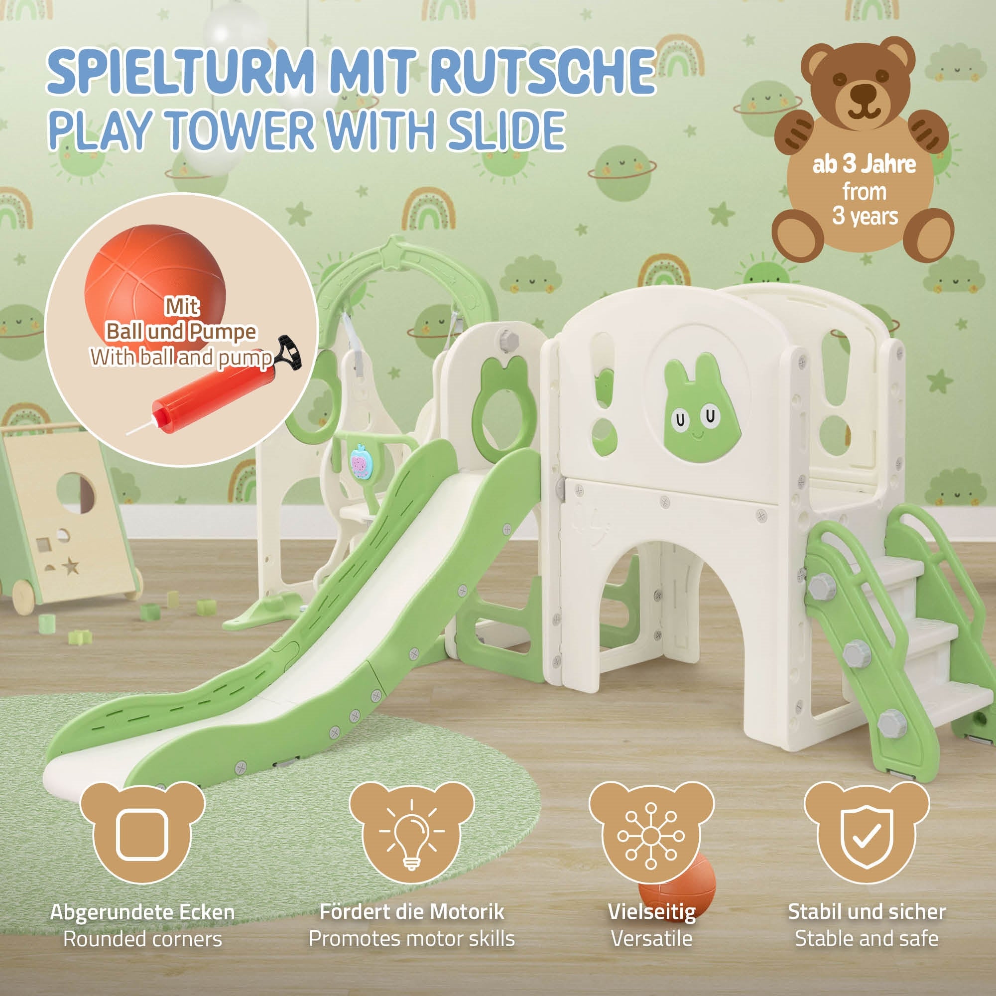 Graphic of a play tower with slide, showing play options and safety.