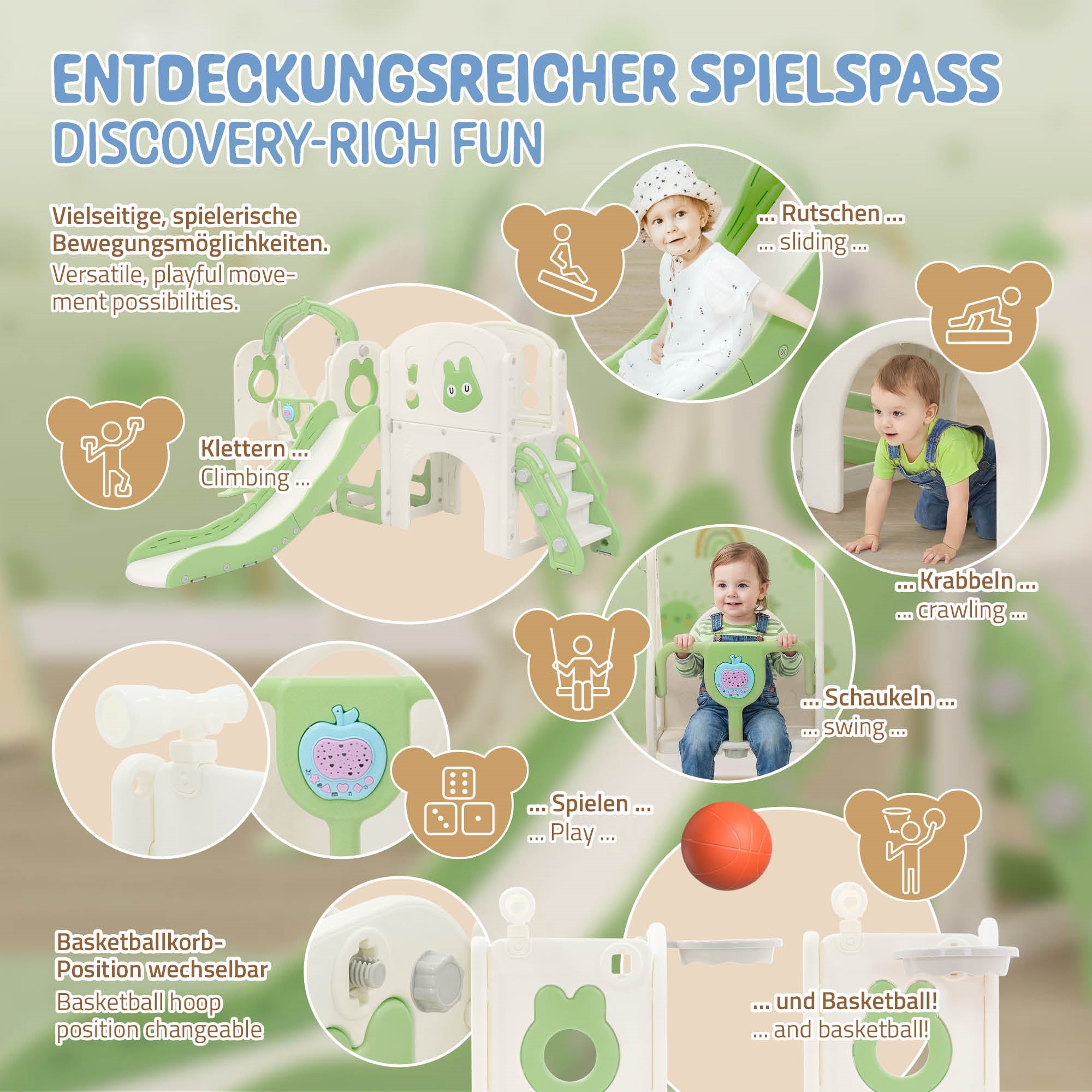 Graphic with various play options such as sliding and climbing.